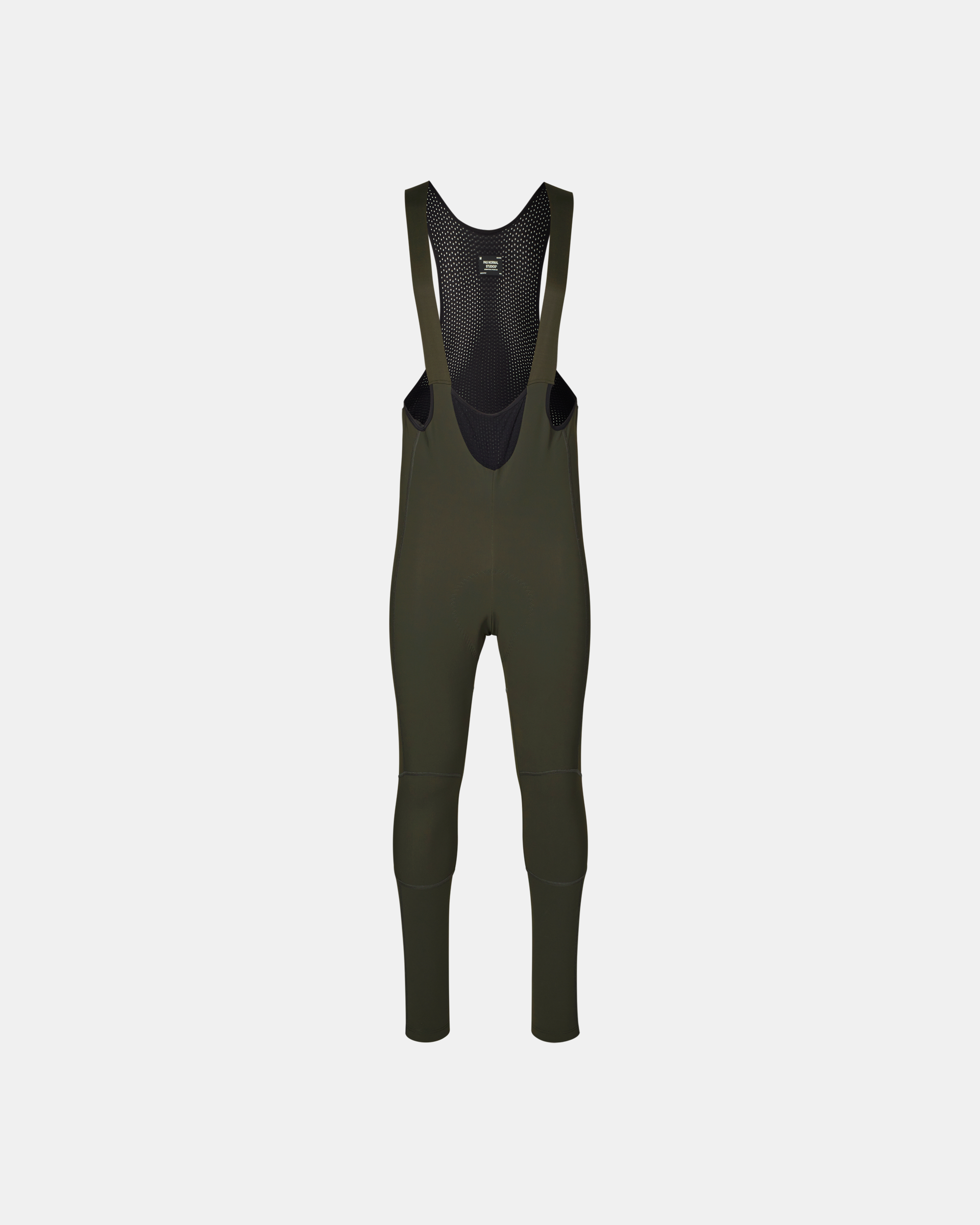 Dark Olive Mechanism Deep Winter Long cycling bibs, front flat lay with mesh bib straps