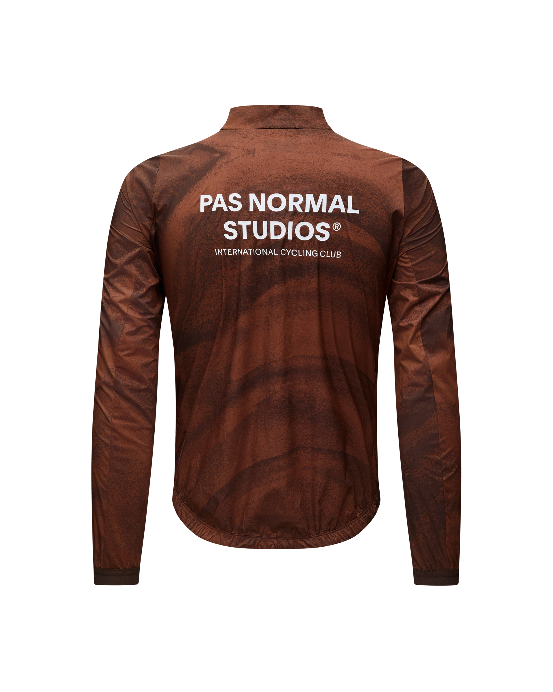 Brown Mechanism Stow Away jacket, rear flat lay with white logo print