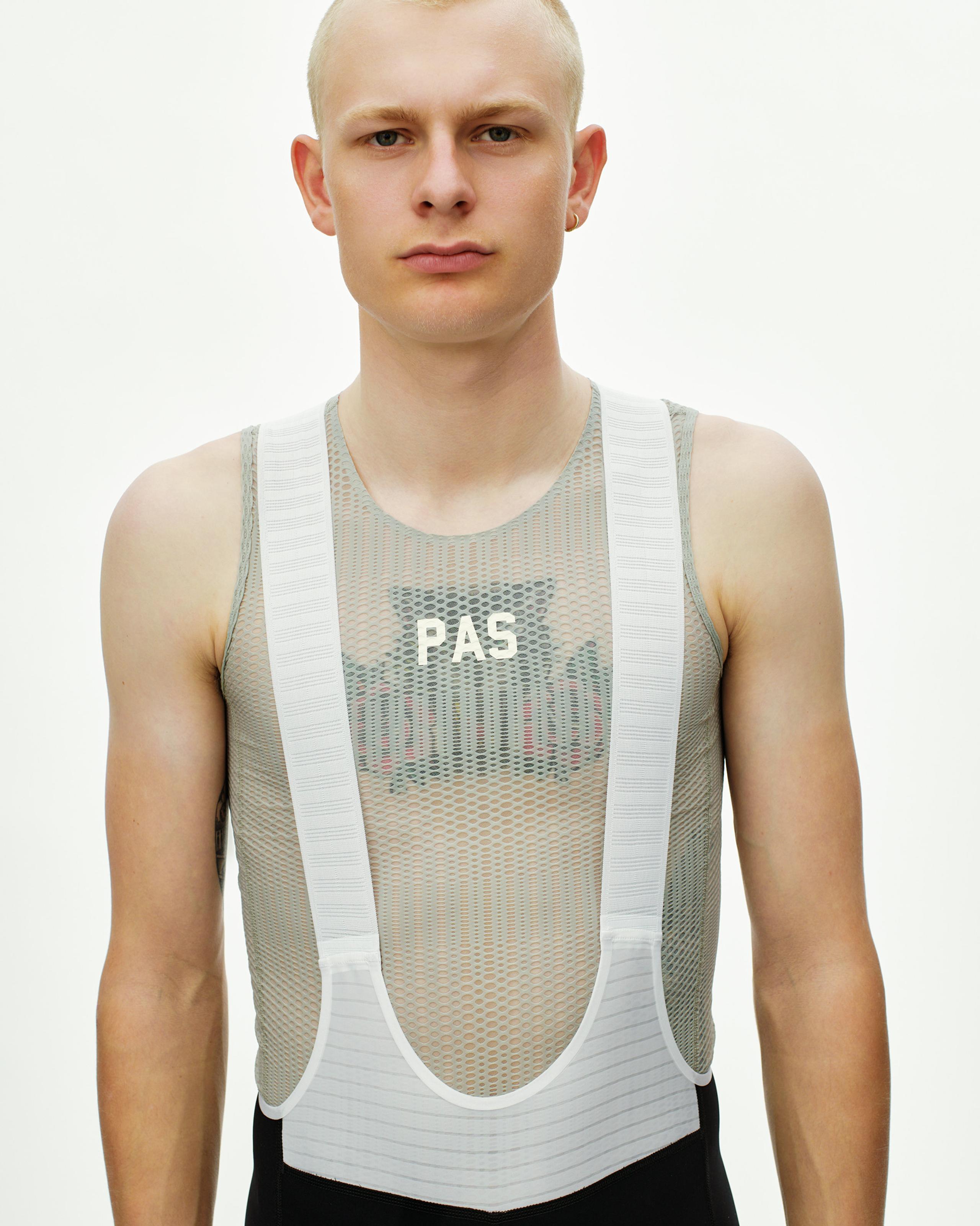 Light Grey PAS Mechanism Pro Sleeveless cycling baselayer on model with mesh front panel
