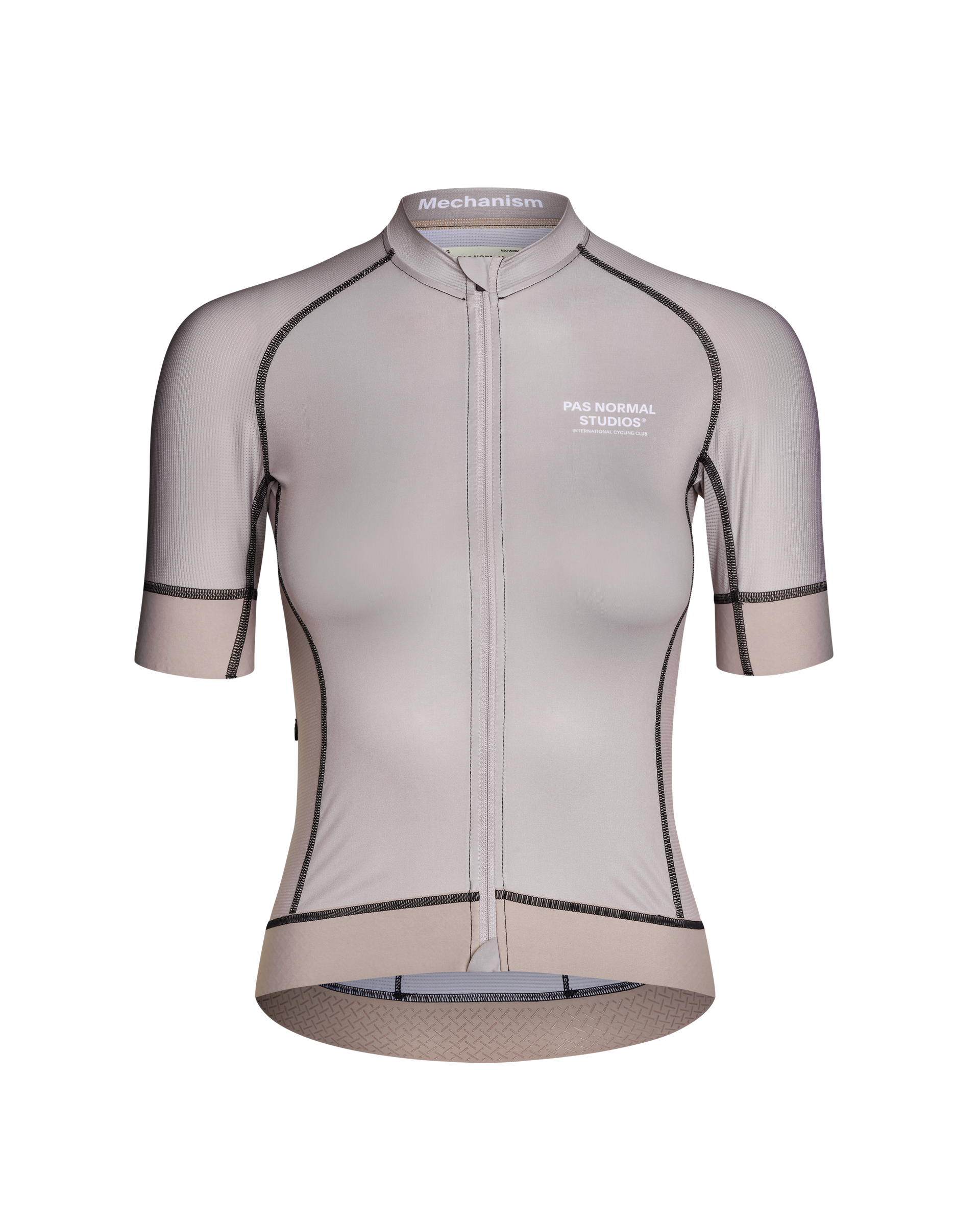 Grey Mechanism cycling jersey, front view with contrast stitching and white chest logo