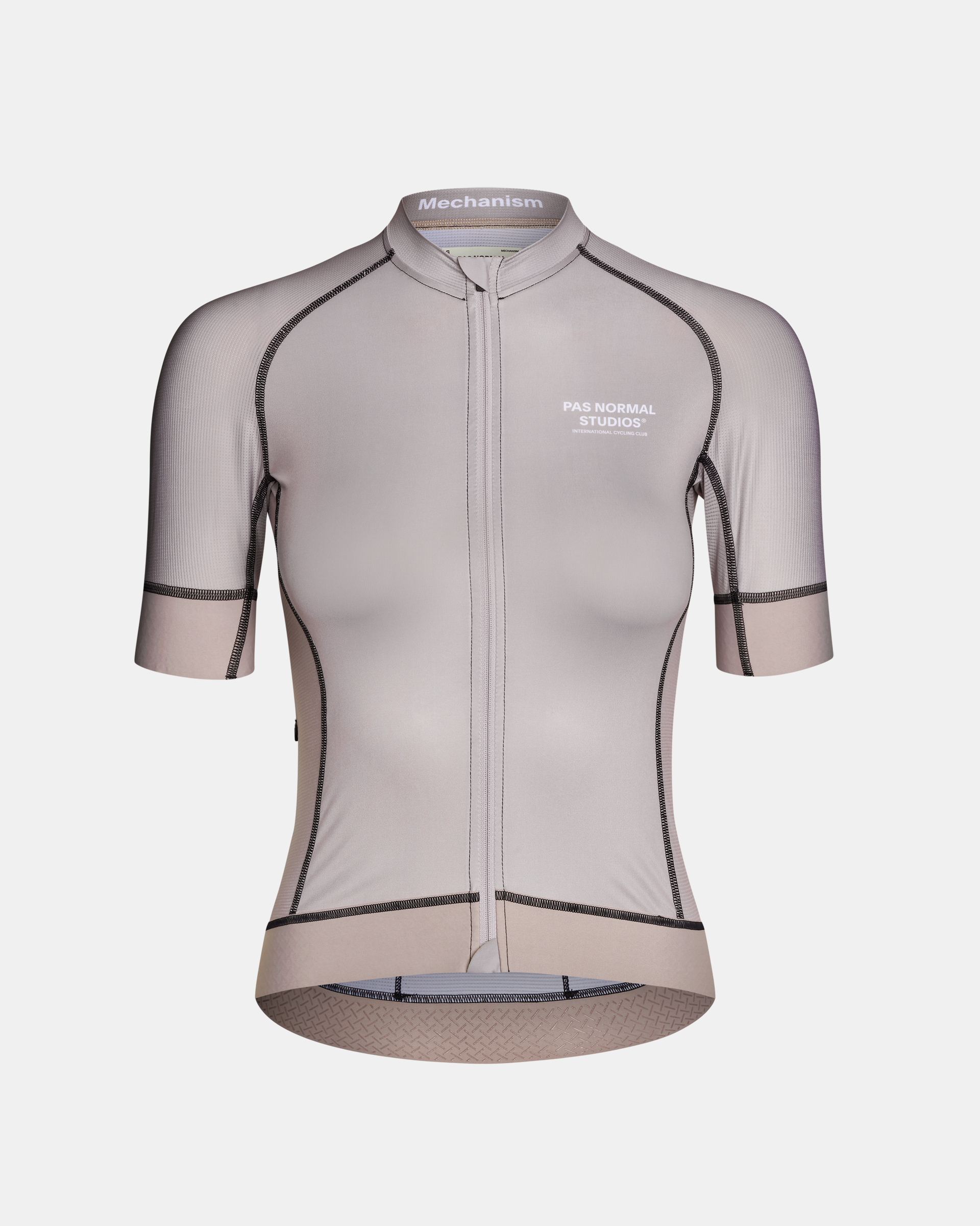 Grey Mechanism cycling jersey, front view with contrast stitching and white chest logo