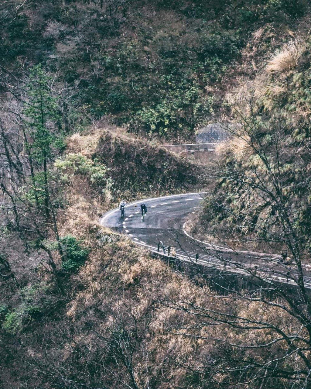 Two cyclists on winding mountain road hairpin turn surrounded by forest vegetation