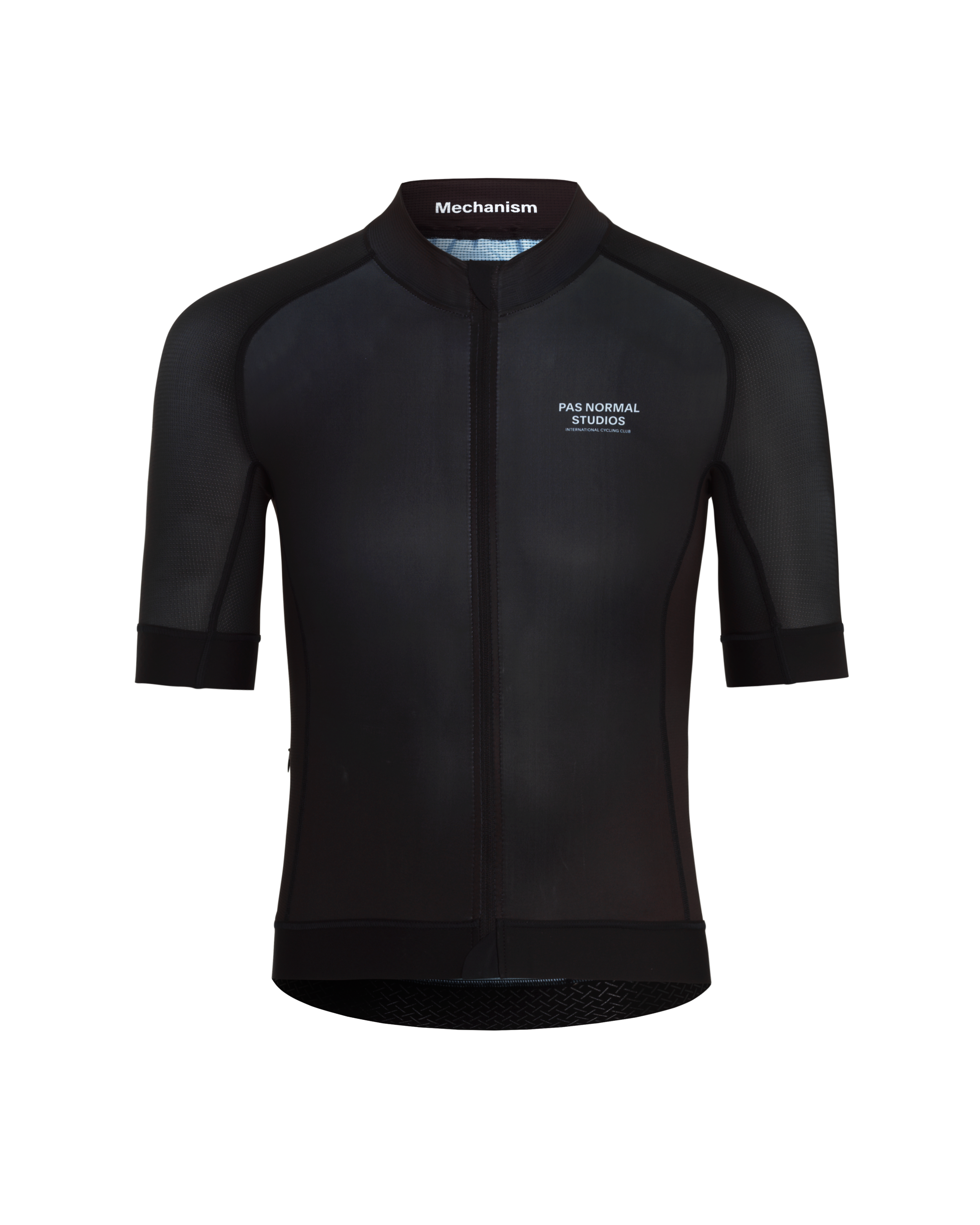 Black Mechanism cycling jersey, front view with contrast shoulder panels and full zip