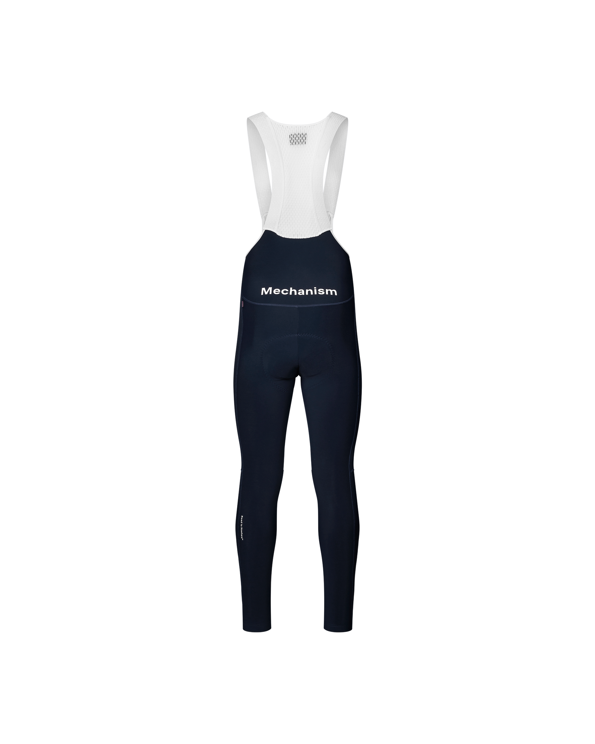 Navy Mechanism cycling long bibs, rear flat lay with white mesh bib straps and white chest print