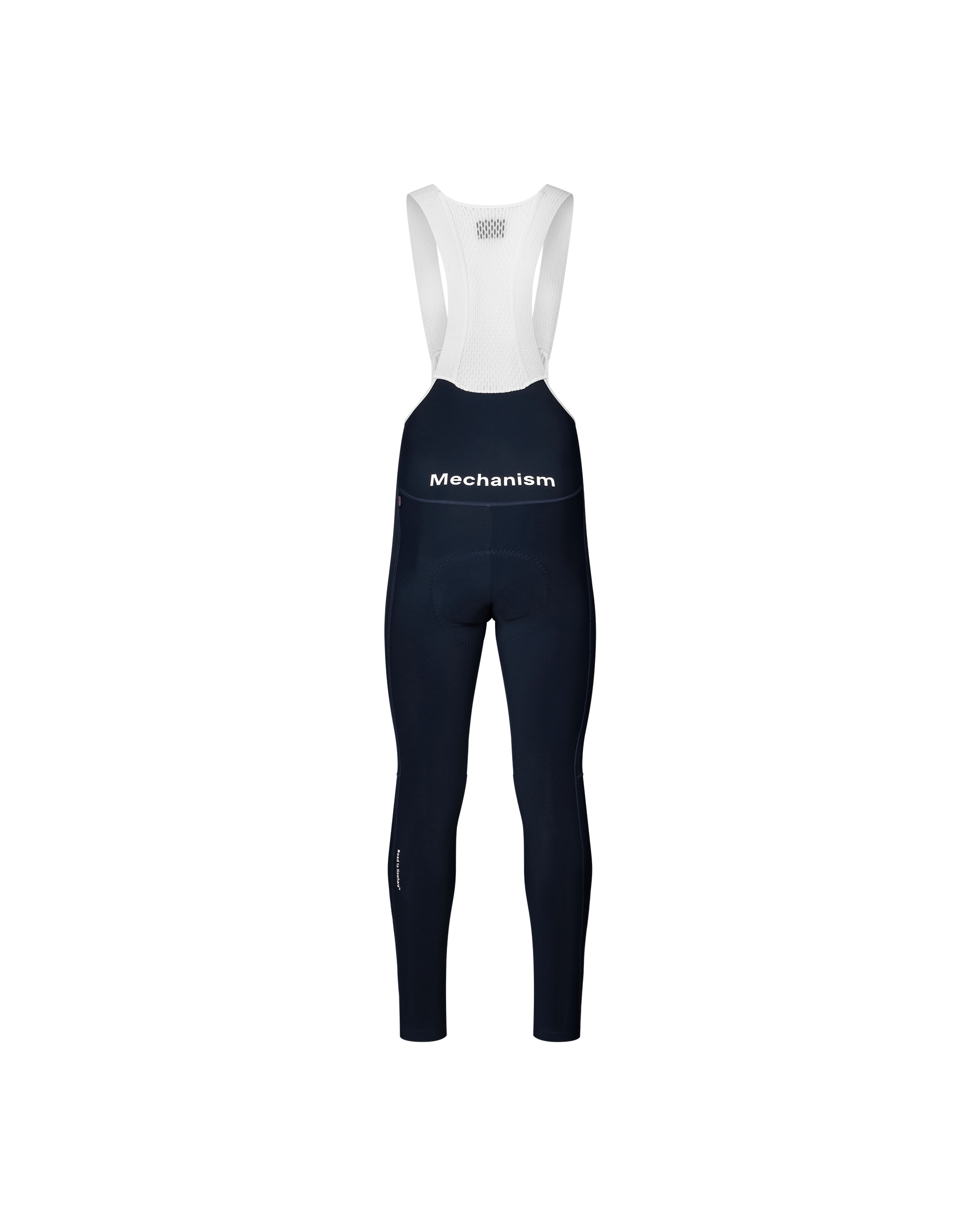 Navy Mechanism cycling long bibs, rear flat lay with white mesh bib straps and white chest print