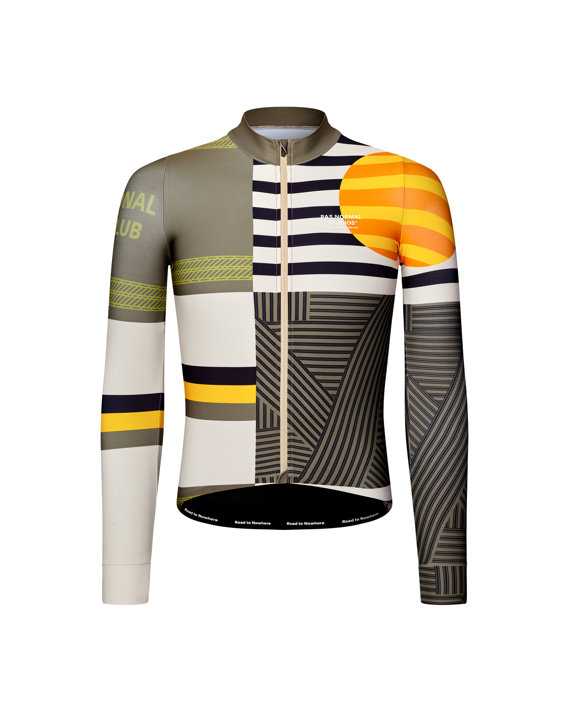 International Sand Mechanism long sleeve cycling jersey, front flat lay with geometric multicolor patchwork print