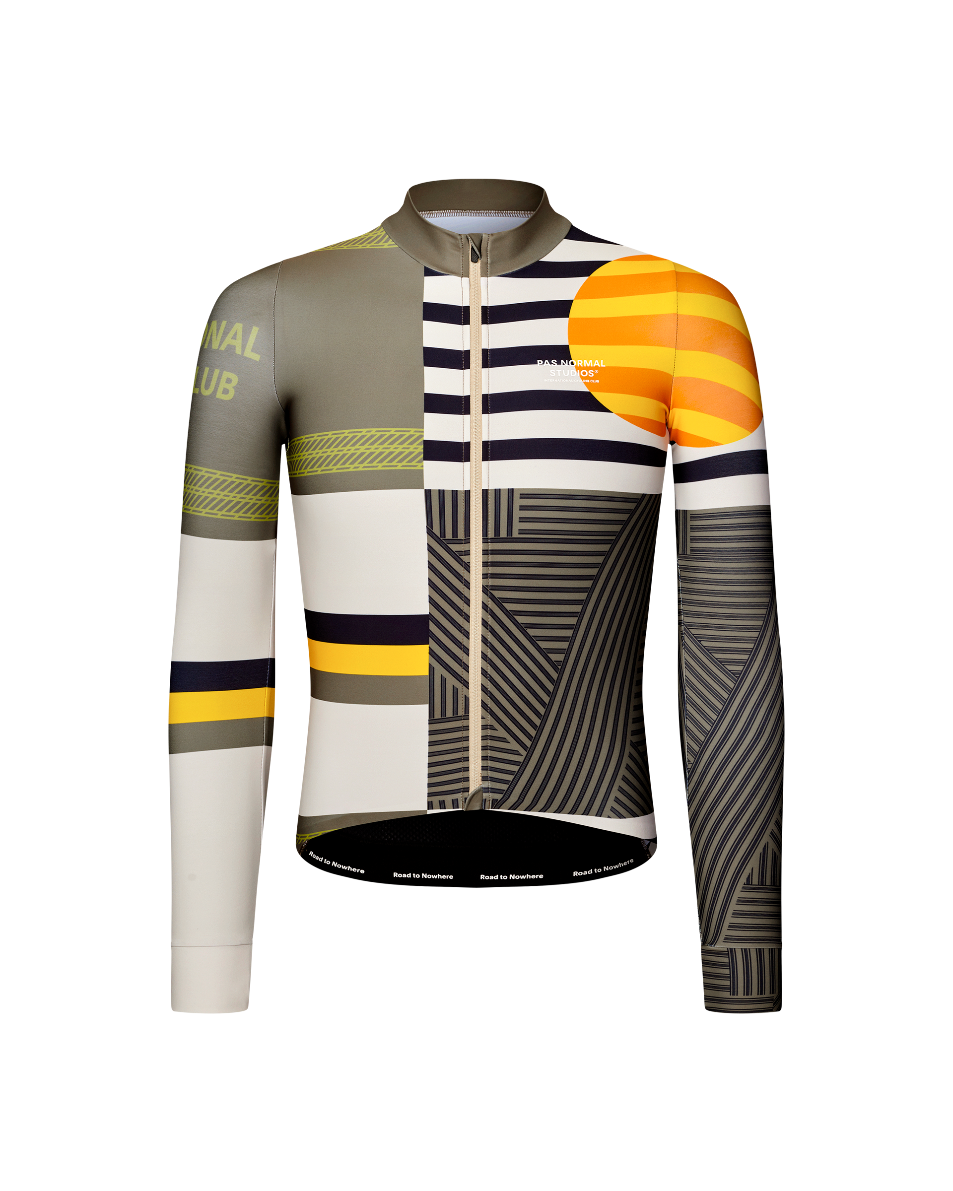 International Sand Mechanism long sleeve cycling jersey, front flat lay with geometric multicolor patchwork print