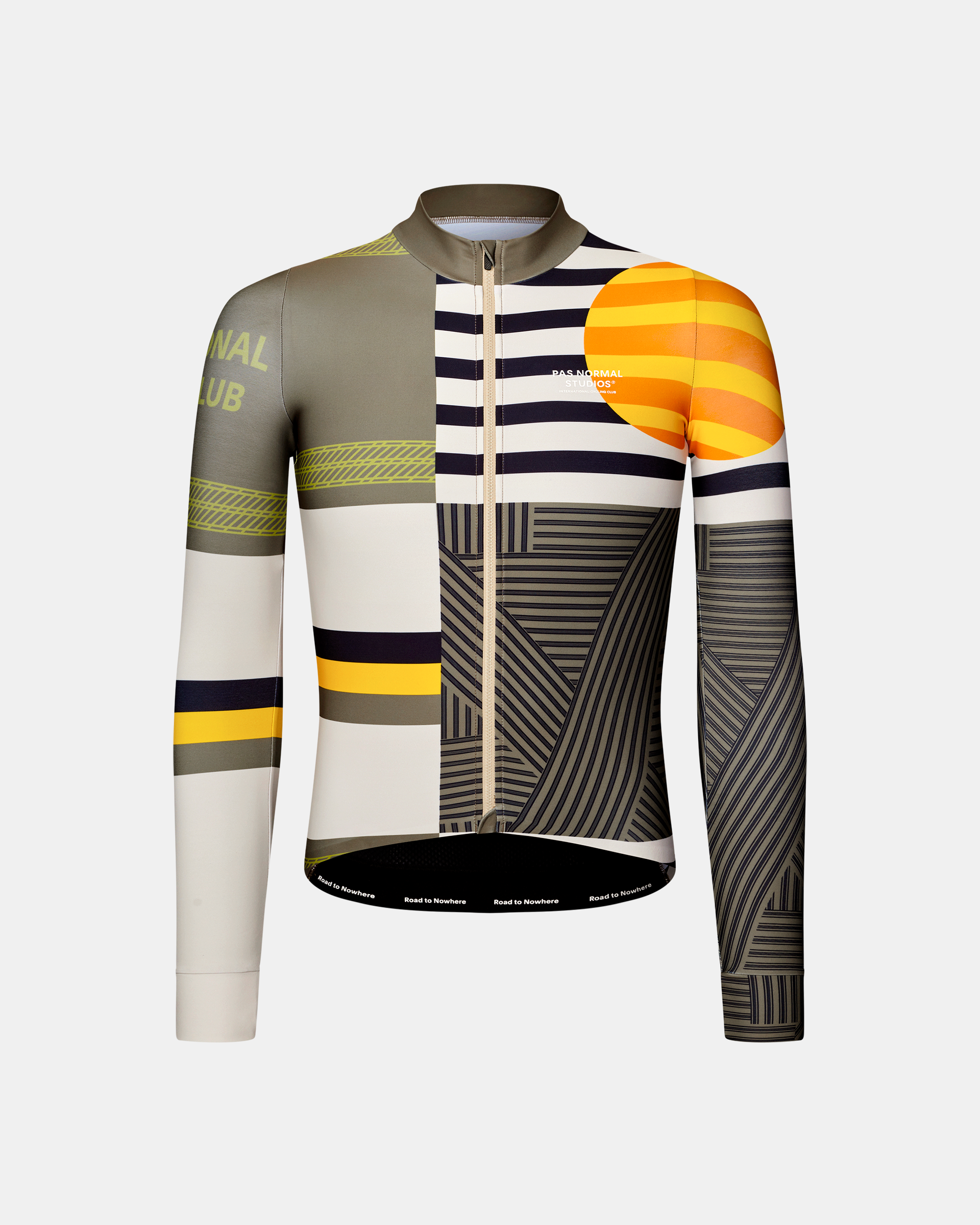 International Sand Mechanism long sleeve cycling jersey, front flat lay with geometric multicolor patchwork print