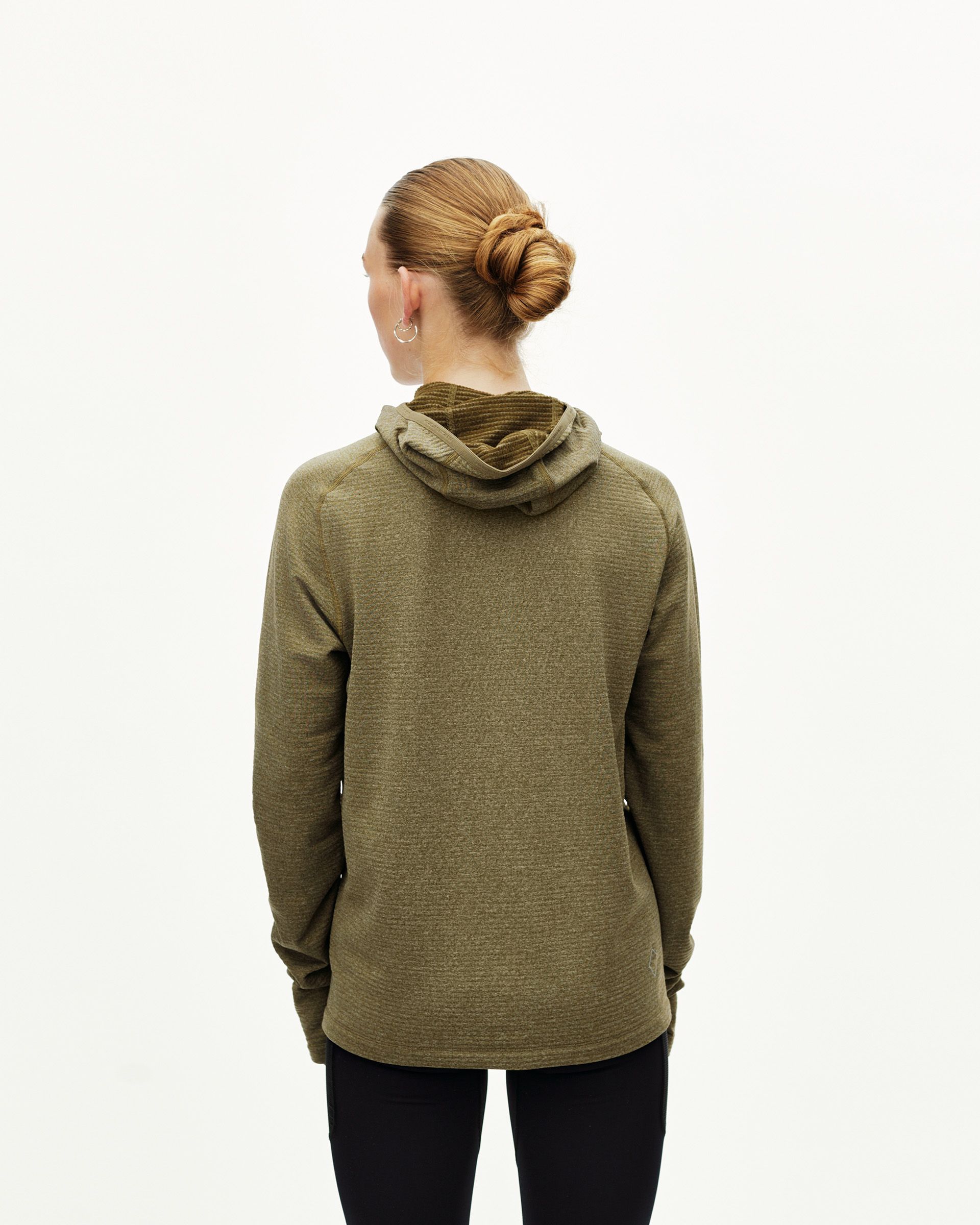 Moss Brown Balance Thermal hoodie on model, rear view with ribbed hood
