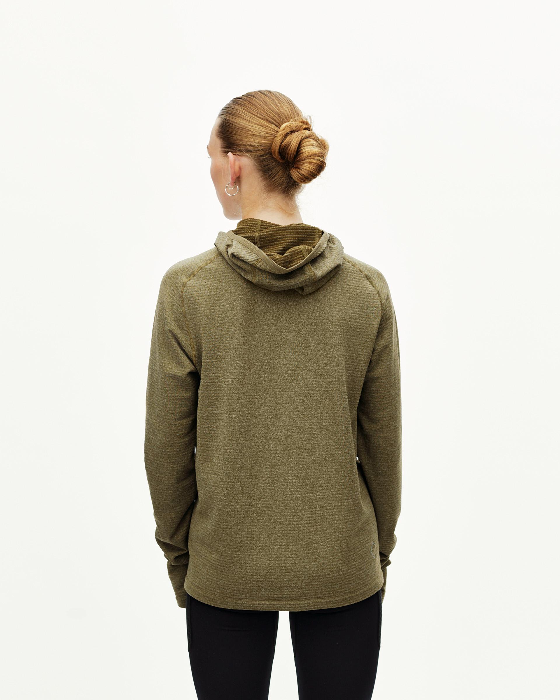 Moss Brown Balance Thermal hoodie on model, rear view with ribbed hood