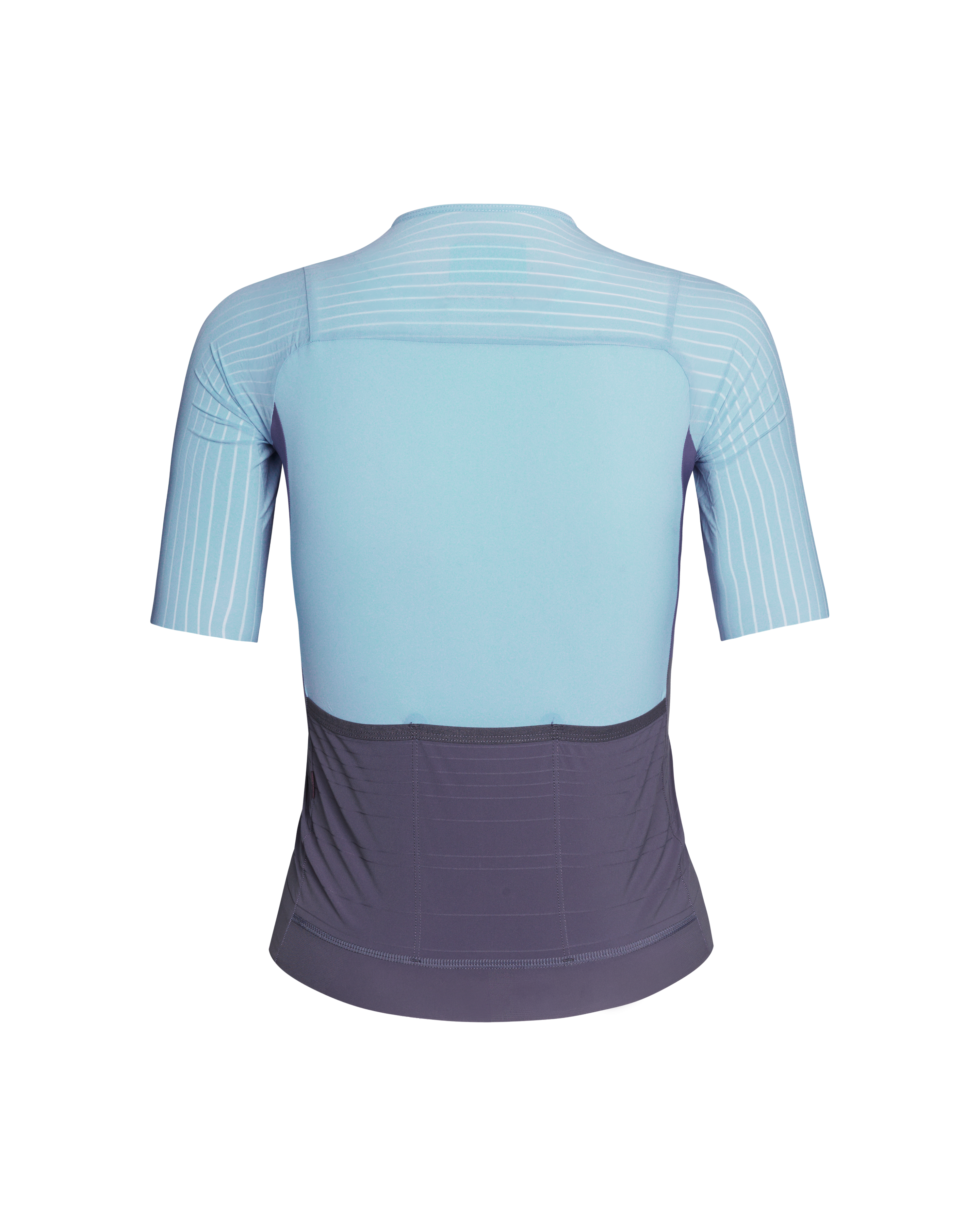 Light Blue Mechanism Pro cycling jersey, rear view with striped sleeves and grey lower panel
