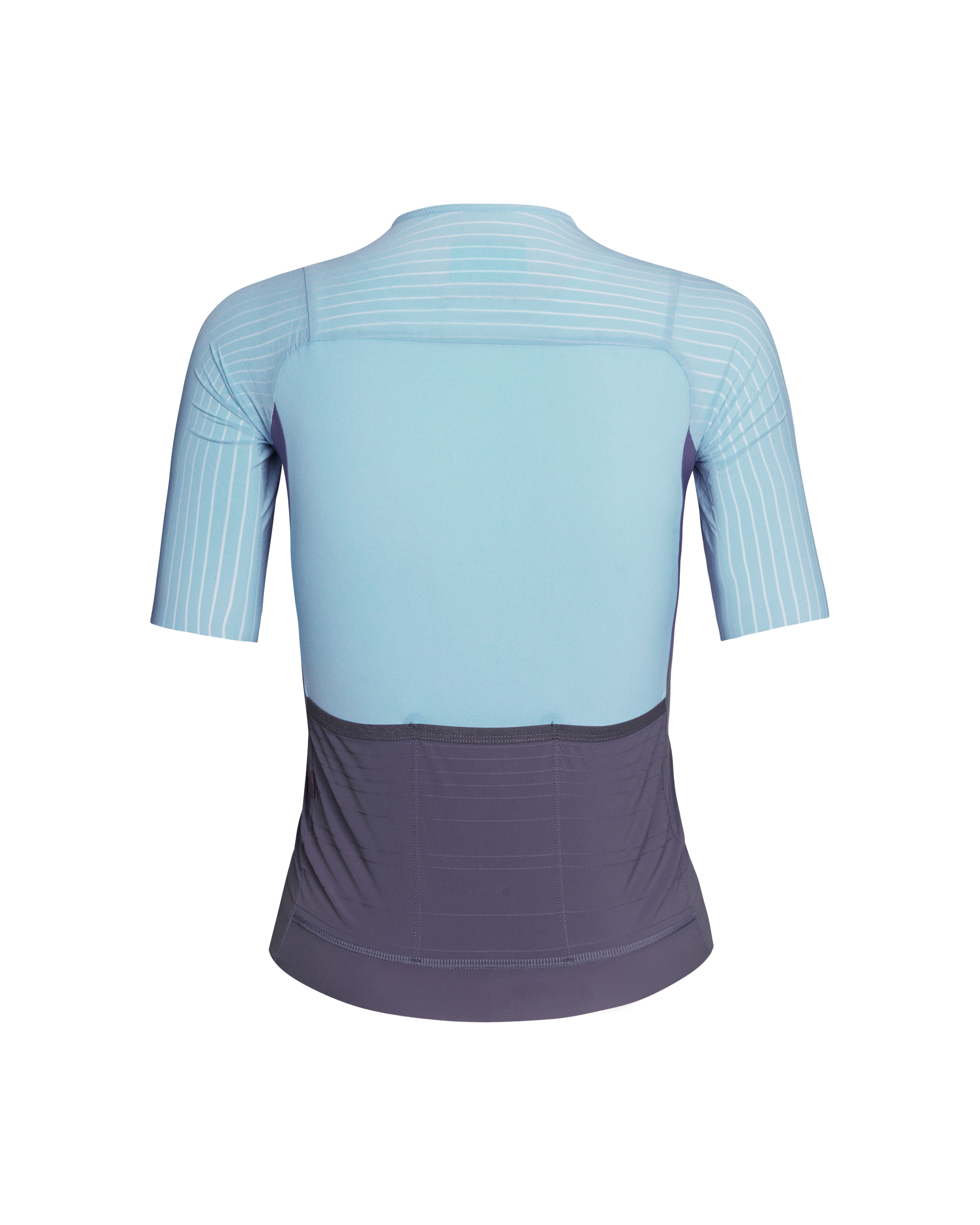 Light Blue Mechanism Pro cycling jersey, rear view with striped sleeves and grey lower panel