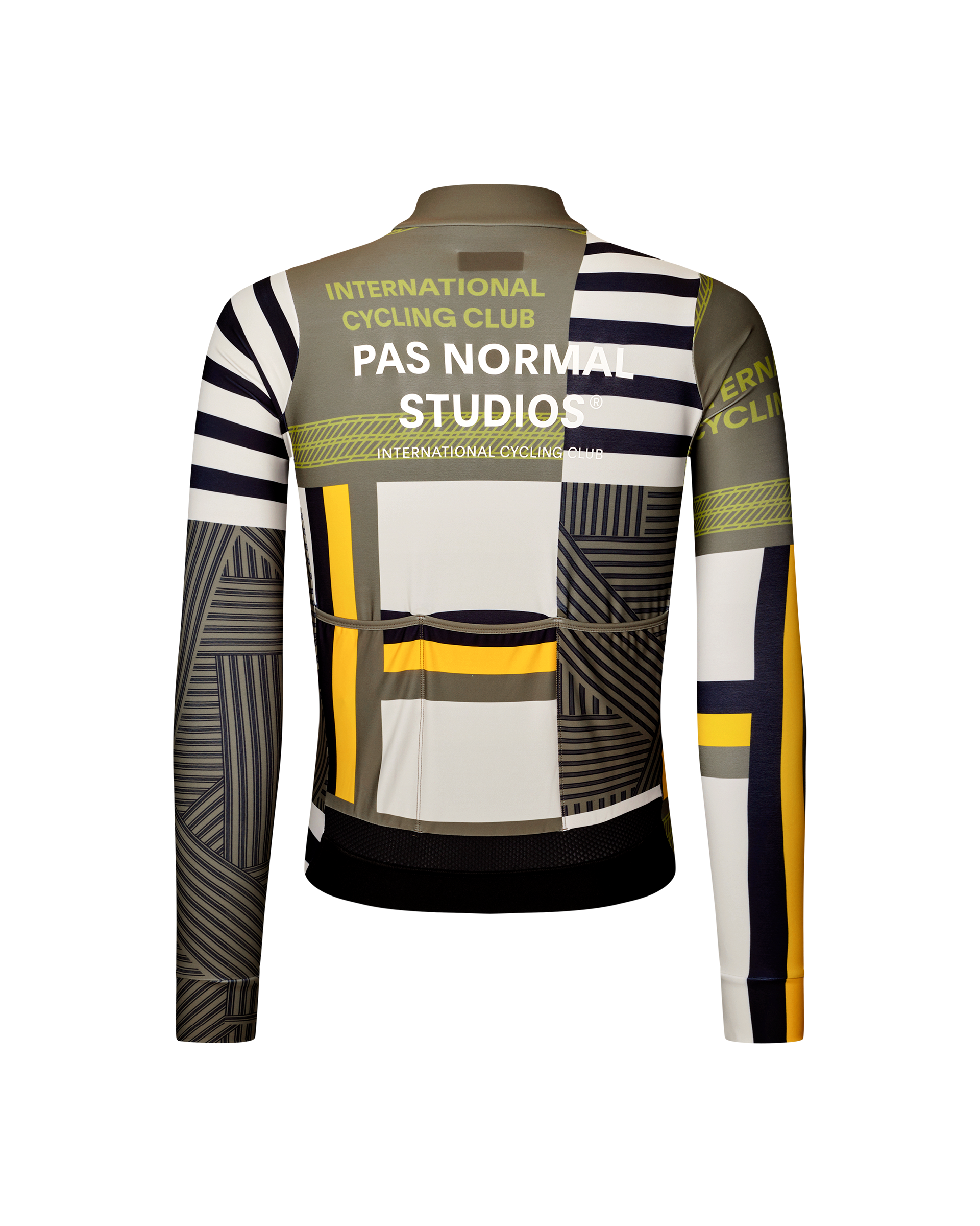 International Sand Mechanism long sleeve cycling jersey, rear flat lay with patchwork geometric print and back pockets