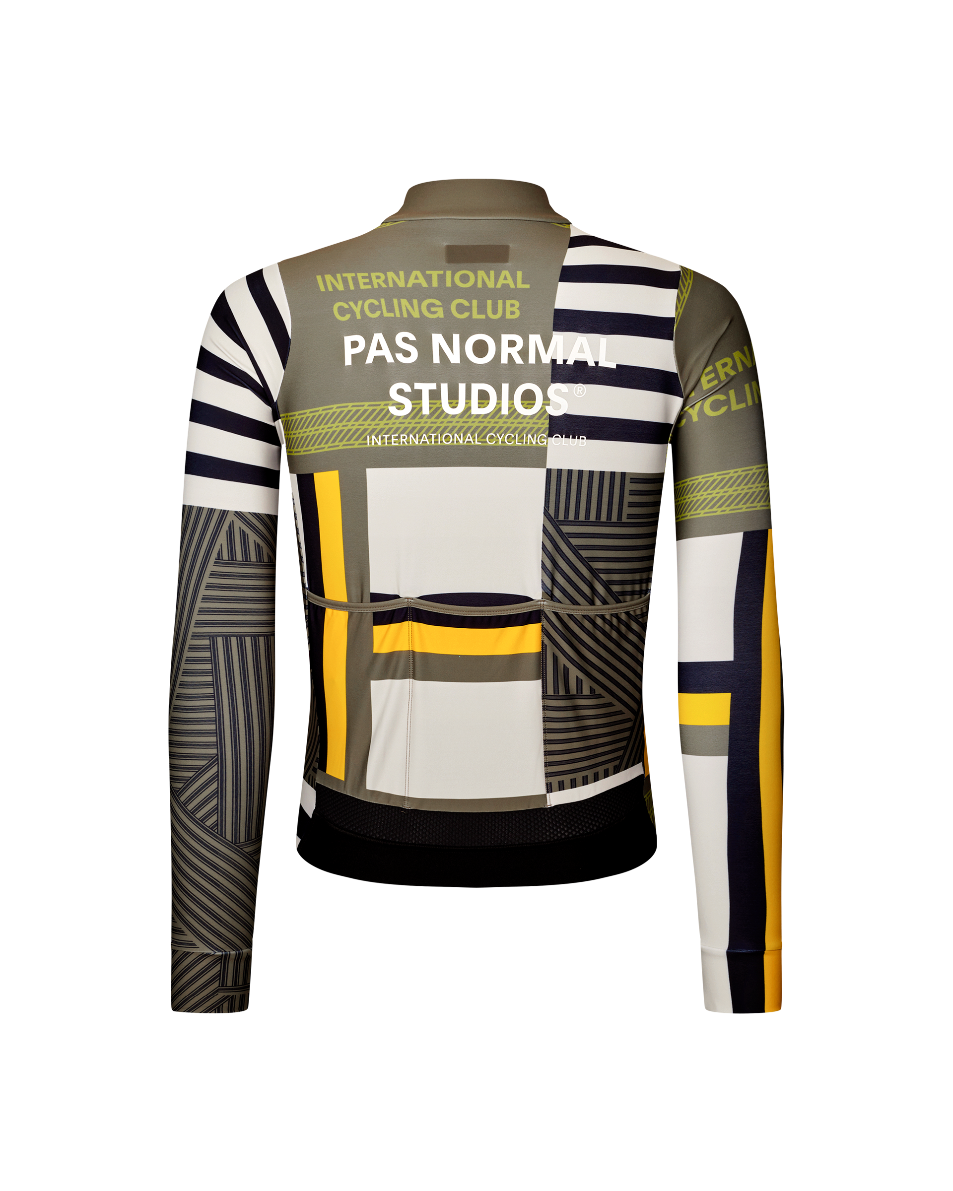 International Sand Mechanism long sleeve cycling jersey, rear flat lay with patchwork geometric print and back pockets