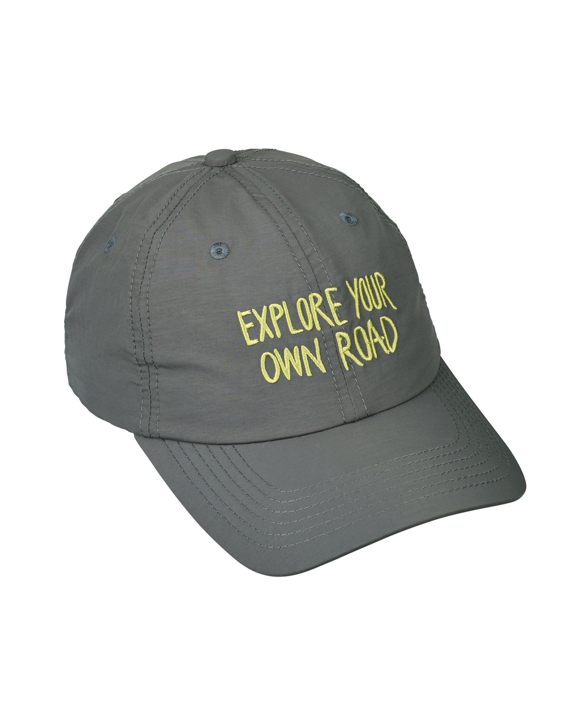 Dark Grey Off-Race cap, three-quarter view with yellow "Explore Your Own Road" embroidered text