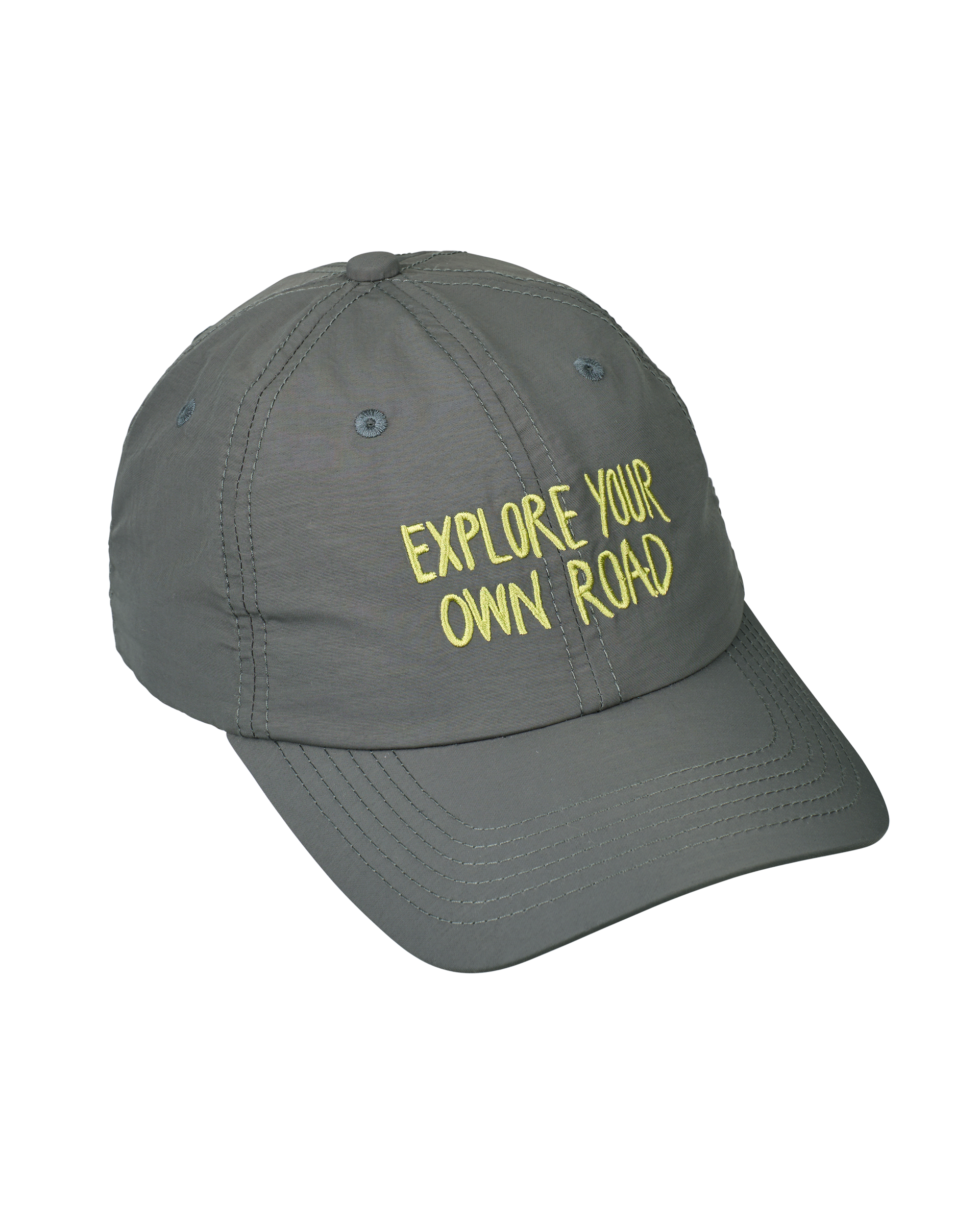 Dark Grey Off-Race cap, three-quarter view with yellow "Explore Your Own Road" embroidered text