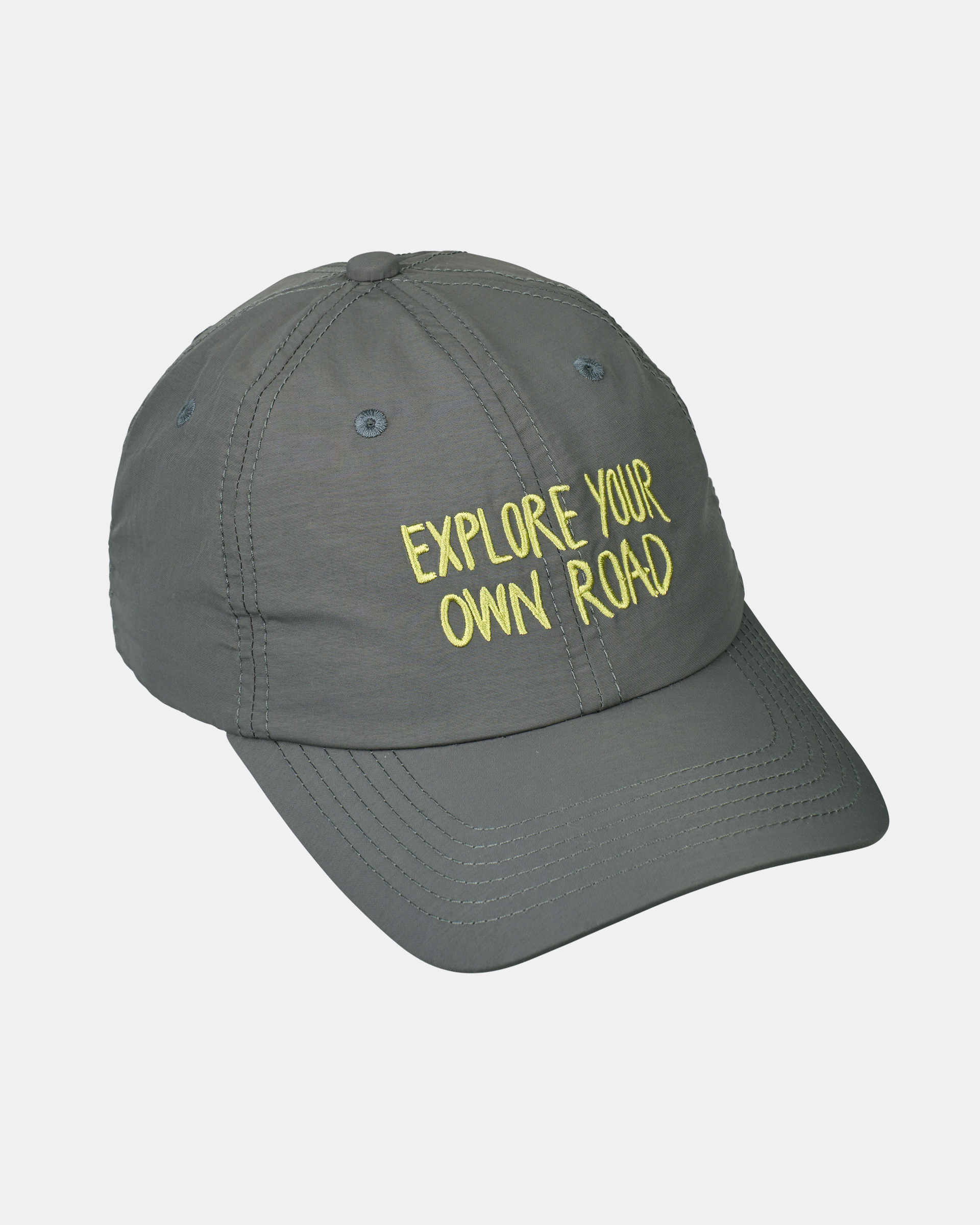 Dark Grey Off-Race cap, three-quarter view with yellow "Explore Your Own Road" embroidered text