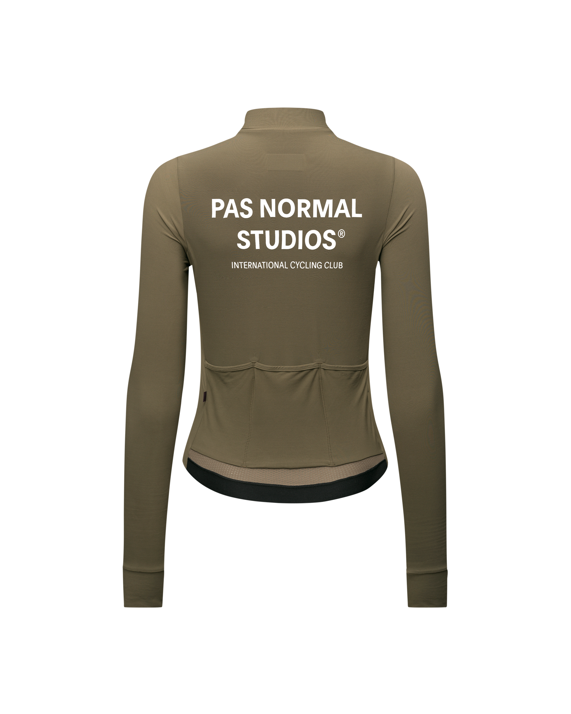 Brown Mechanism long sleeve cycling jersey, rear flat lay with white back print and rear pockets