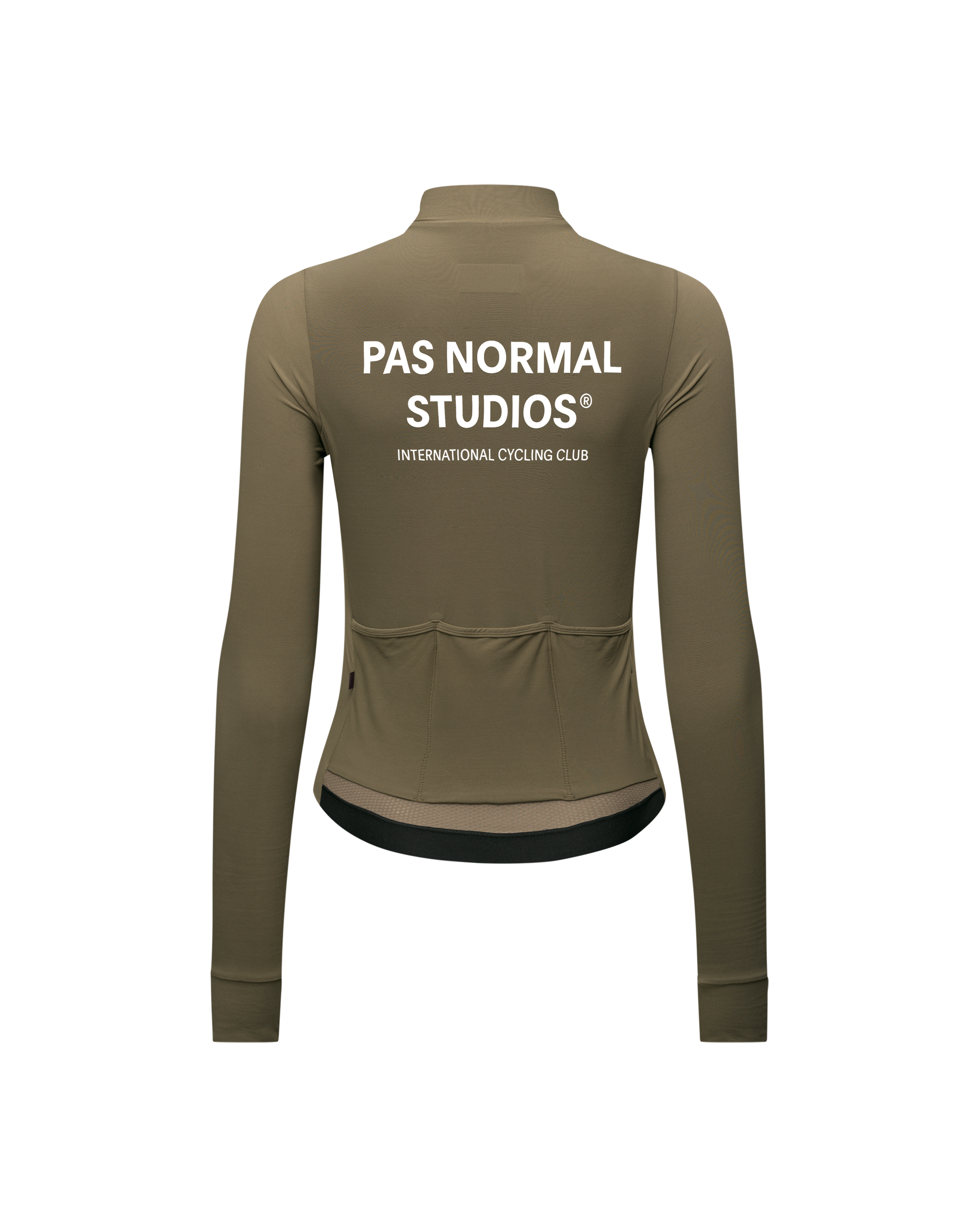 Brown Mechanism long sleeve cycling jersey, rear flat lay with white back print and rear pockets
