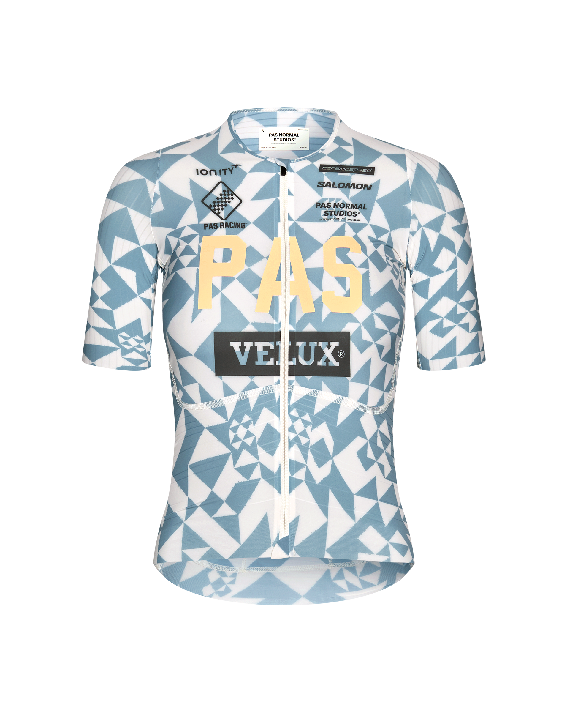 Origami Light Blue PAS Mechanism Pro women's cycling jersey, front flat lay with geometric print and yellow PAS chest logo