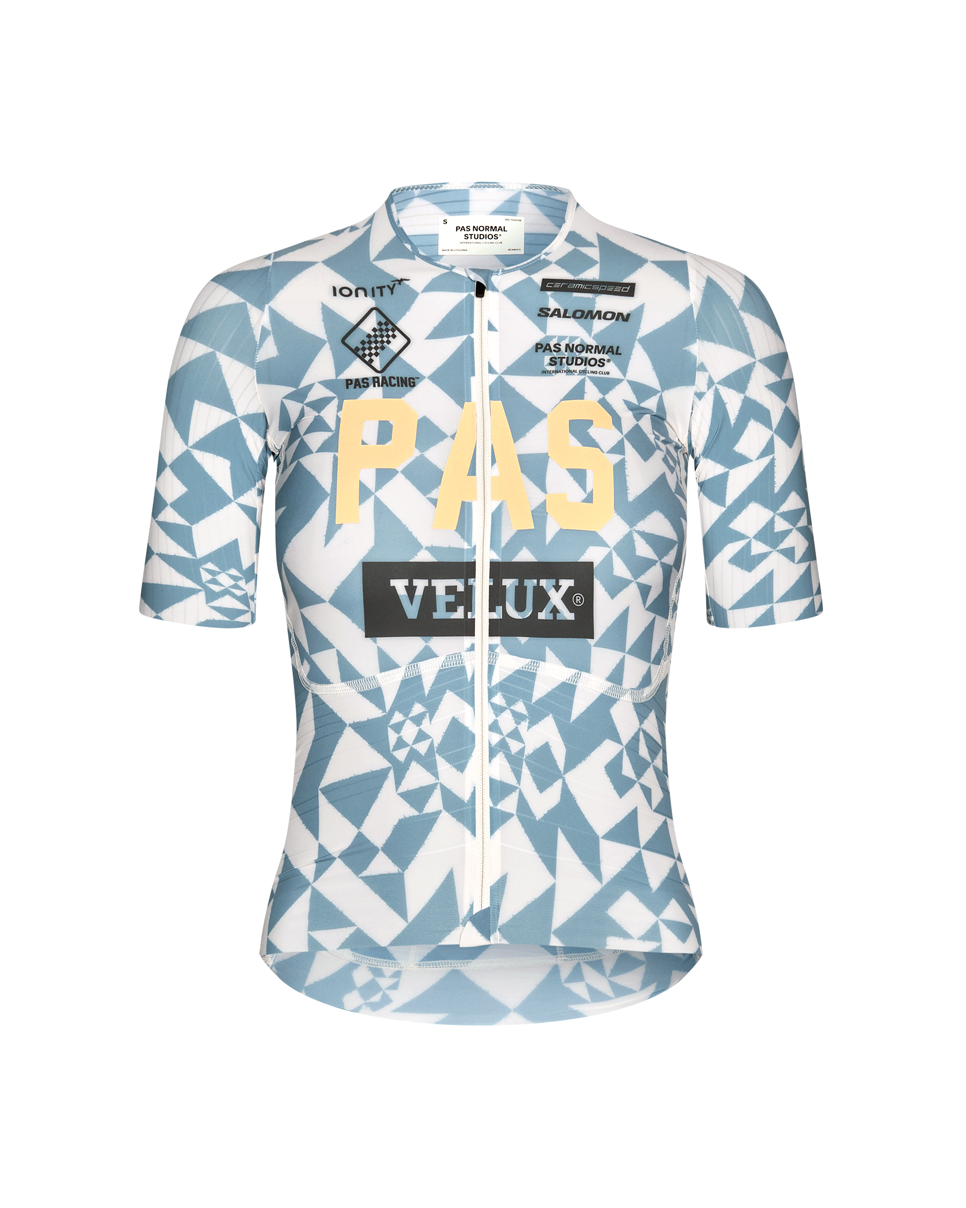 Origami Light Blue PAS Mechanism Pro women's cycling jersey, front flat lay with geometric print and yellow PAS chest logo
