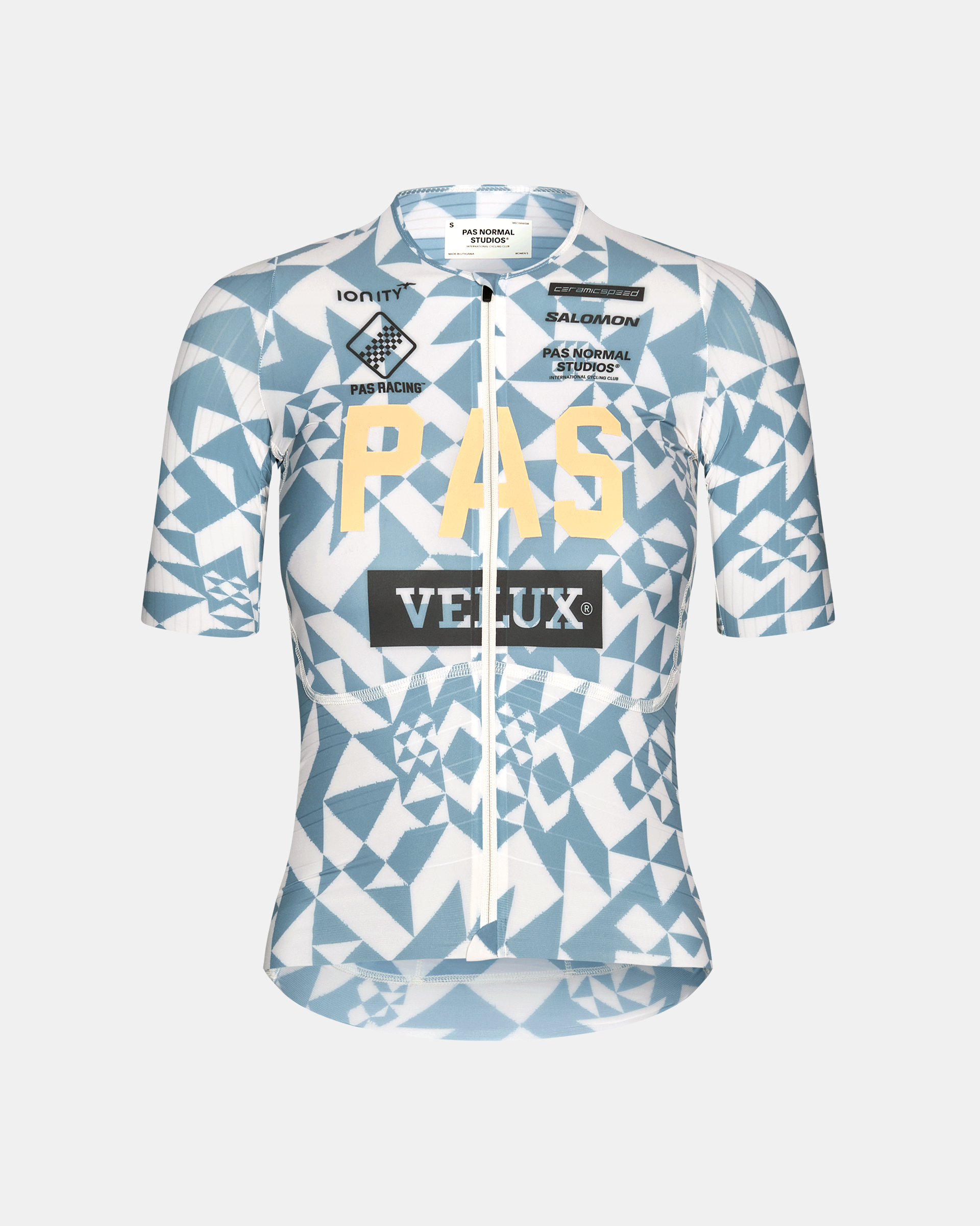Origami Light Blue PAS Mechanism Pro women's cycling jersey, front flat lay with geometric print and yellow PAS chest logo