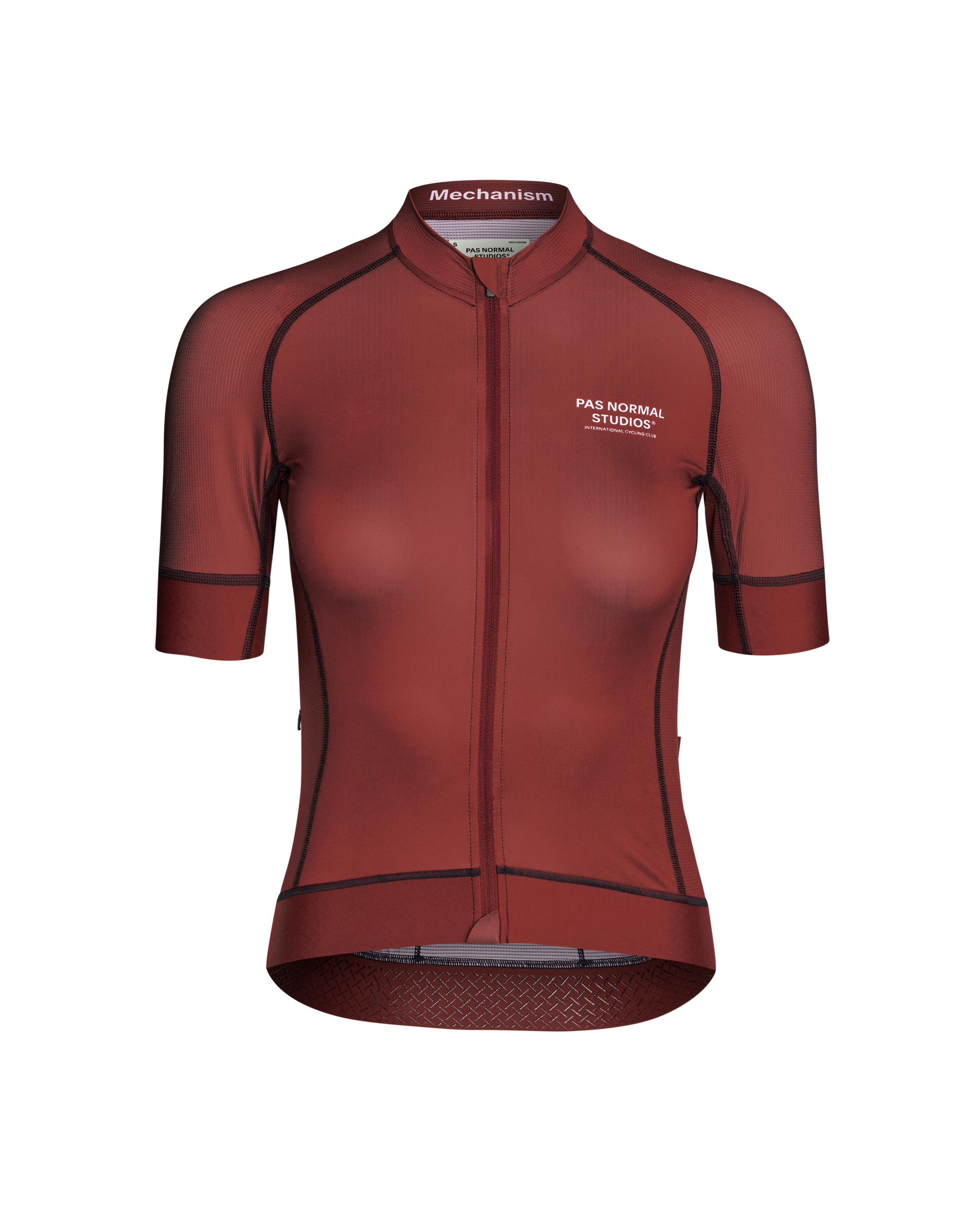 Maroon Mechanism cycling jersey, front flat lay with contrast stitching and white chest logo