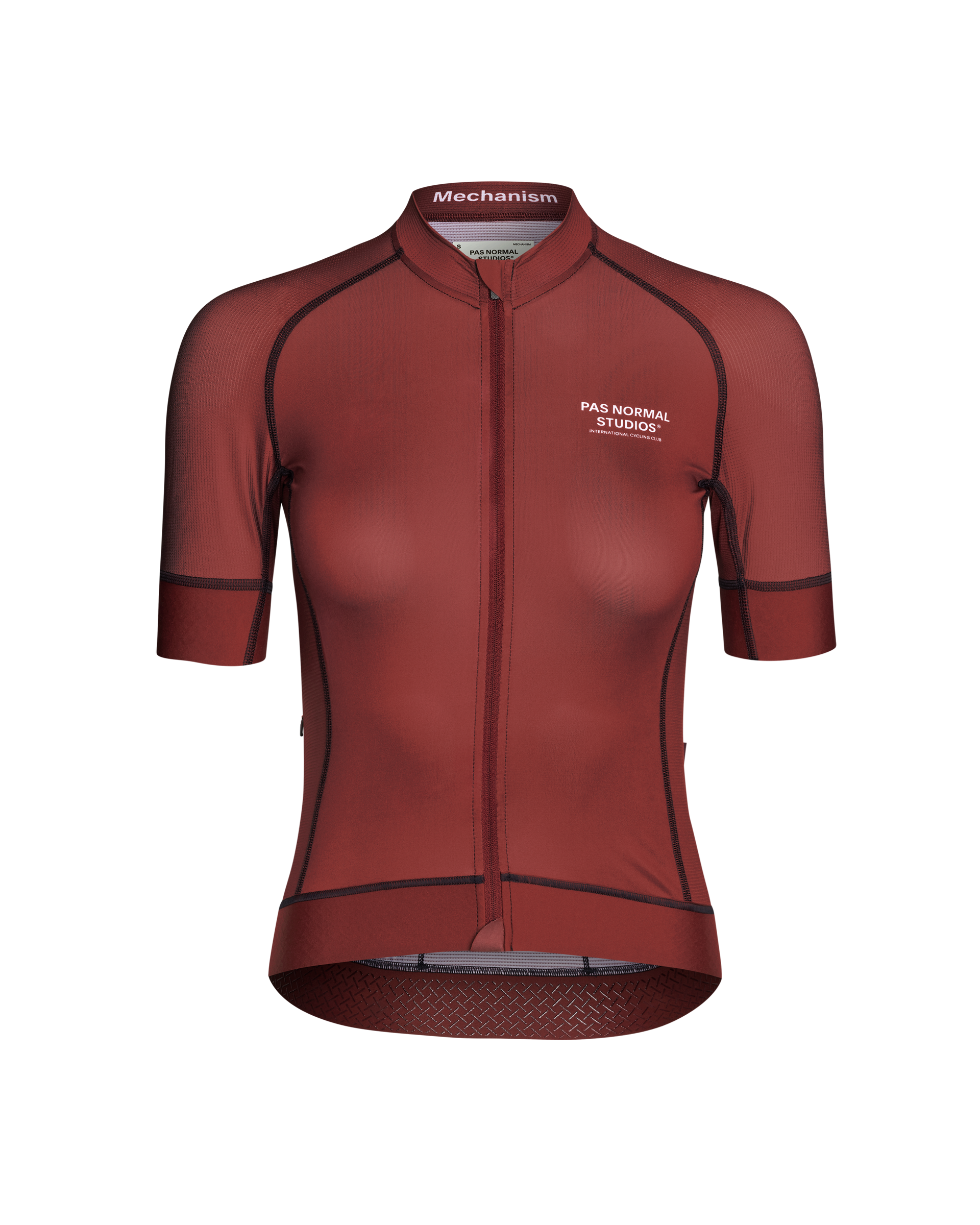 Maroon Mechanism cycling jersey, front flat lay with contrast stitching and white chest logo