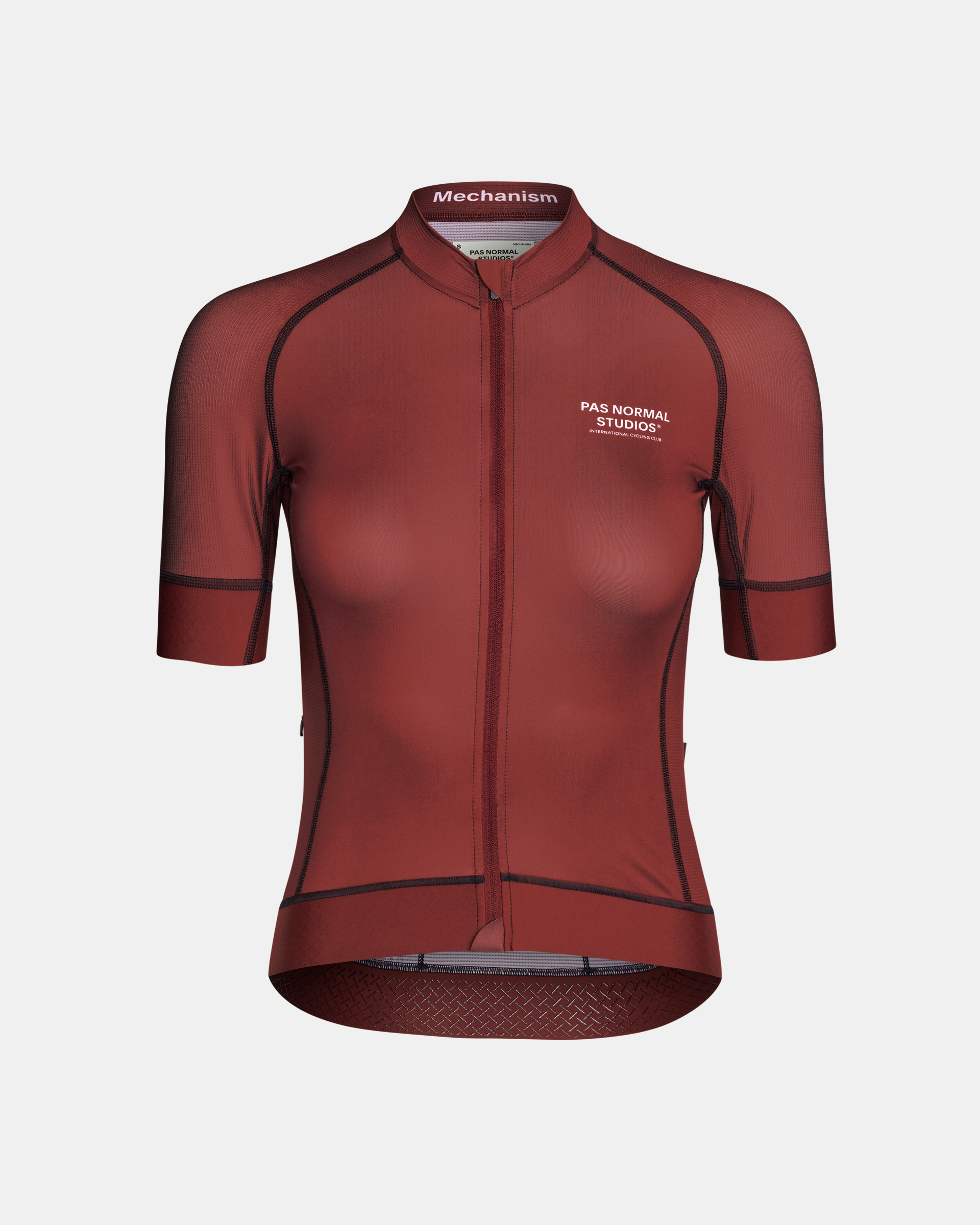 Maroon Mechanism cycling jersey, front flat lay with contrast stitching and white chest logo