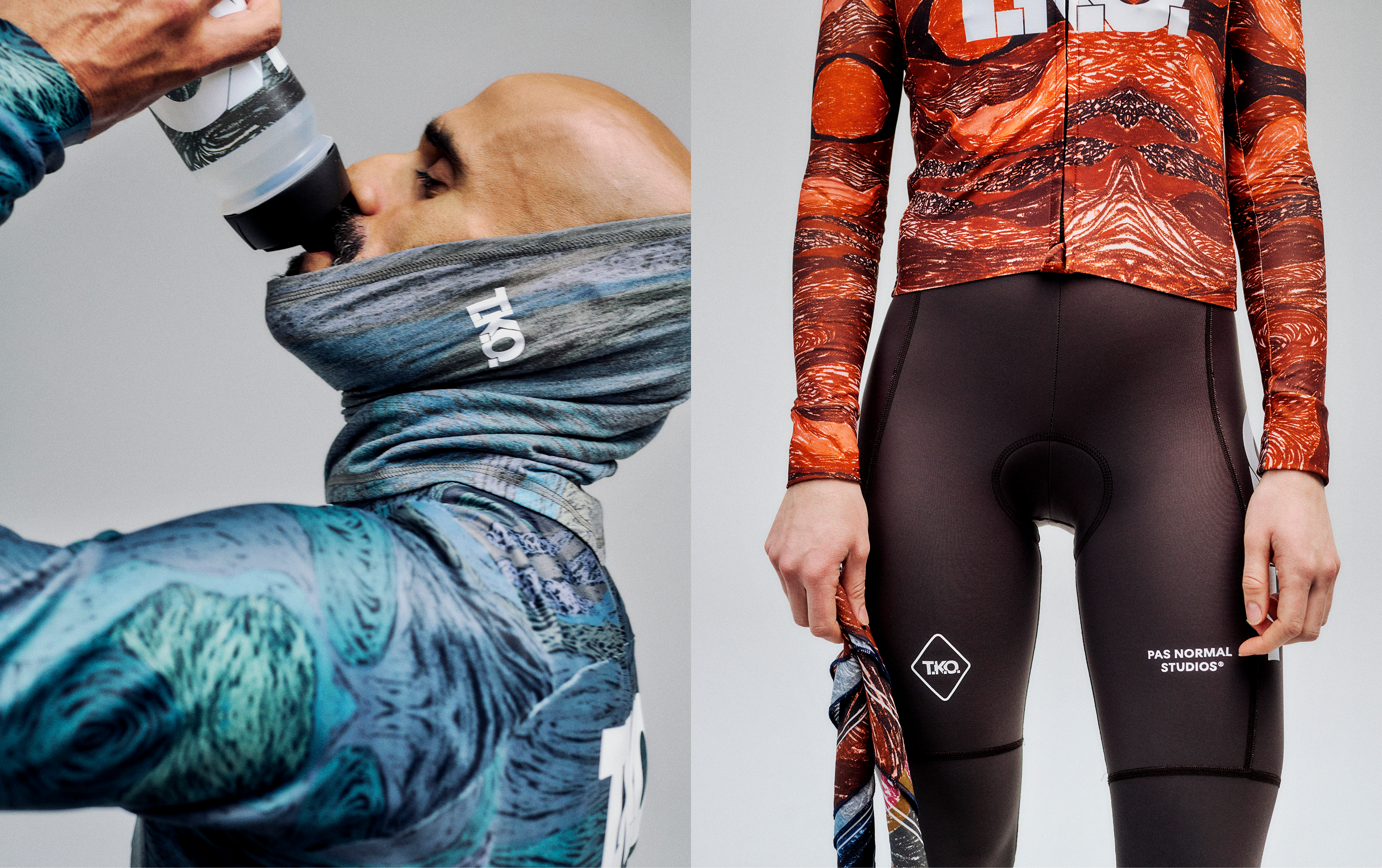 Model wearing T.K.O. collection jersey in blue abstract print and orange patterned long sleeve with black bib shorts