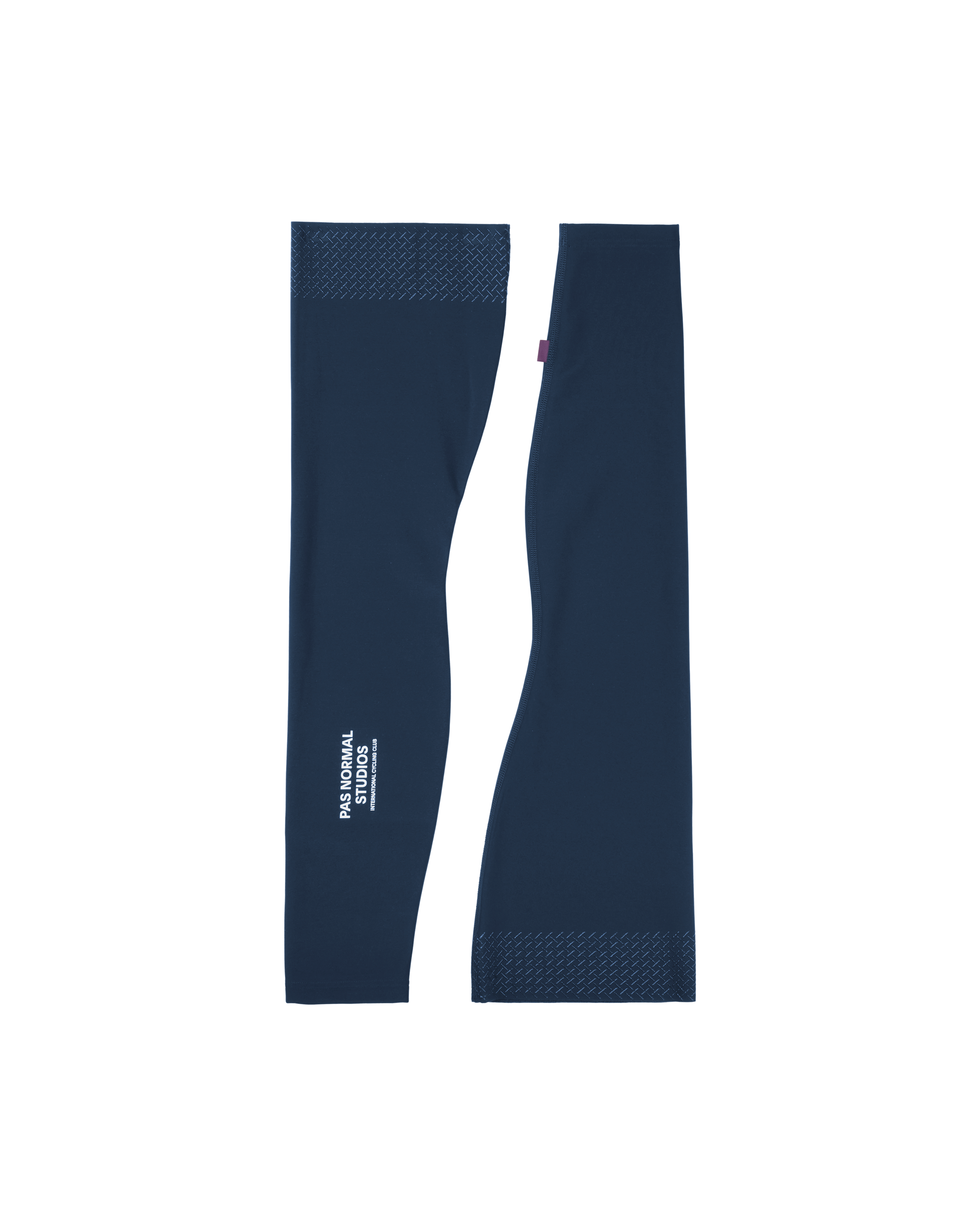 Navy Logo leg warmers, flat lay pair with textured cuffs and white branding