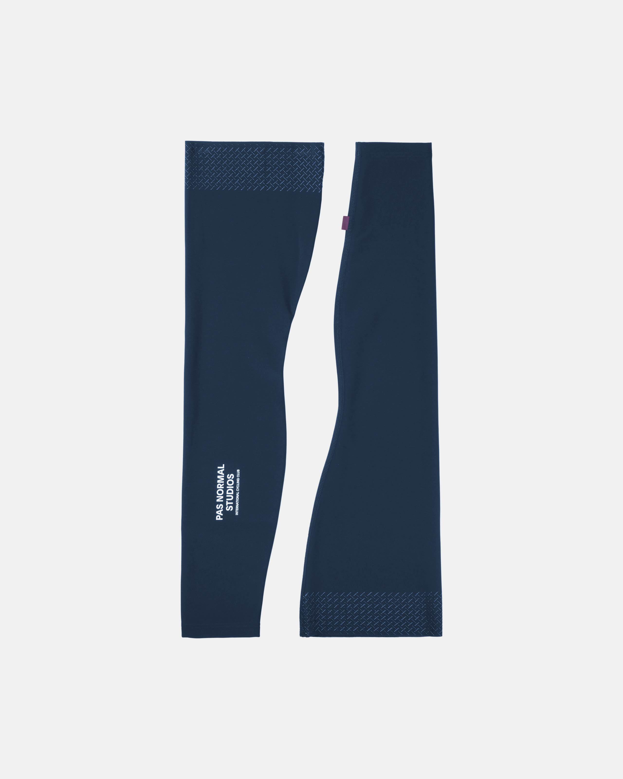Navy Logo leg warmers, flat lay pair with textured cuffs and white branding