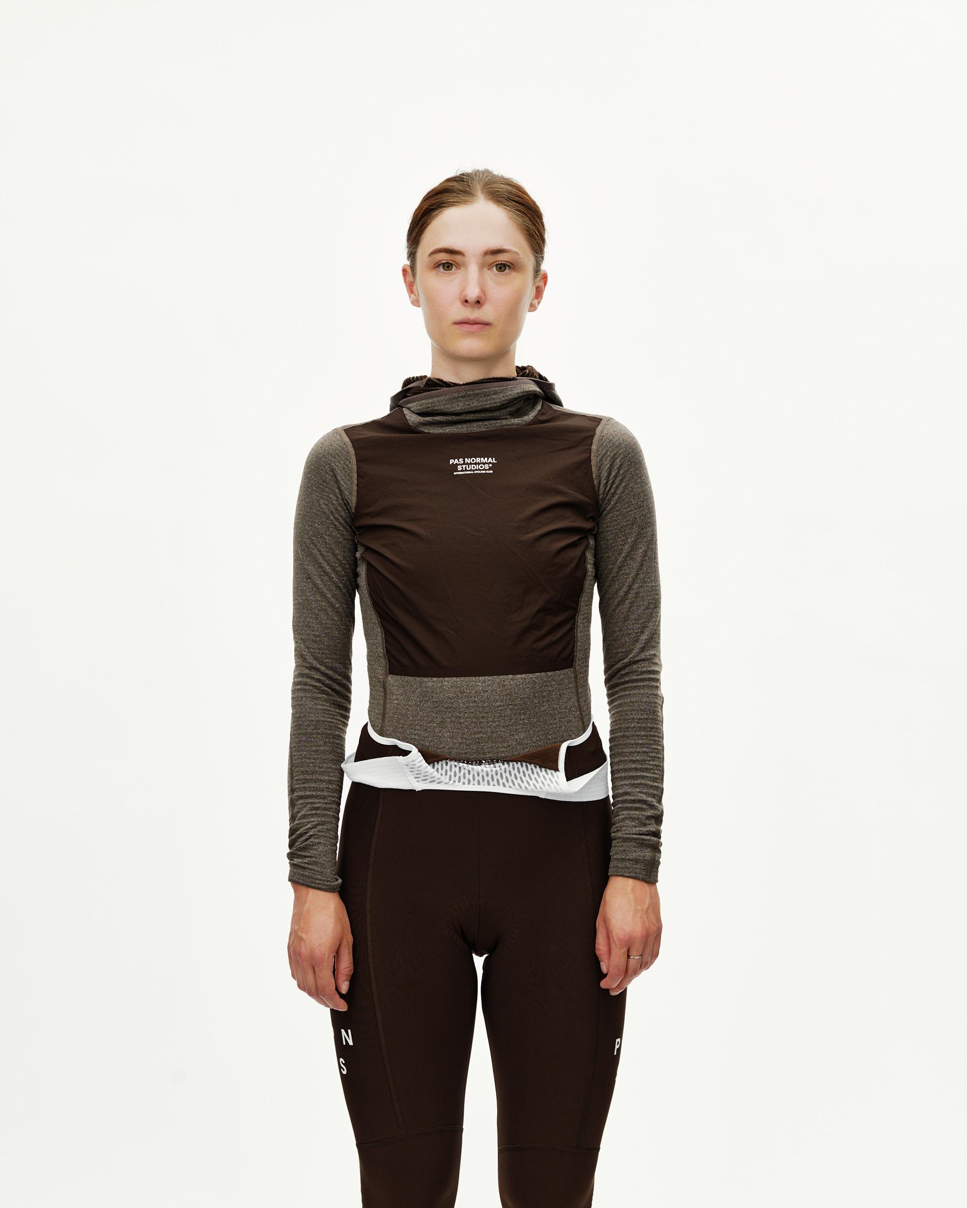 Dark Coffee brown women's Thermal Hooded Windproof cycling base layer, front view on model with white chest logo