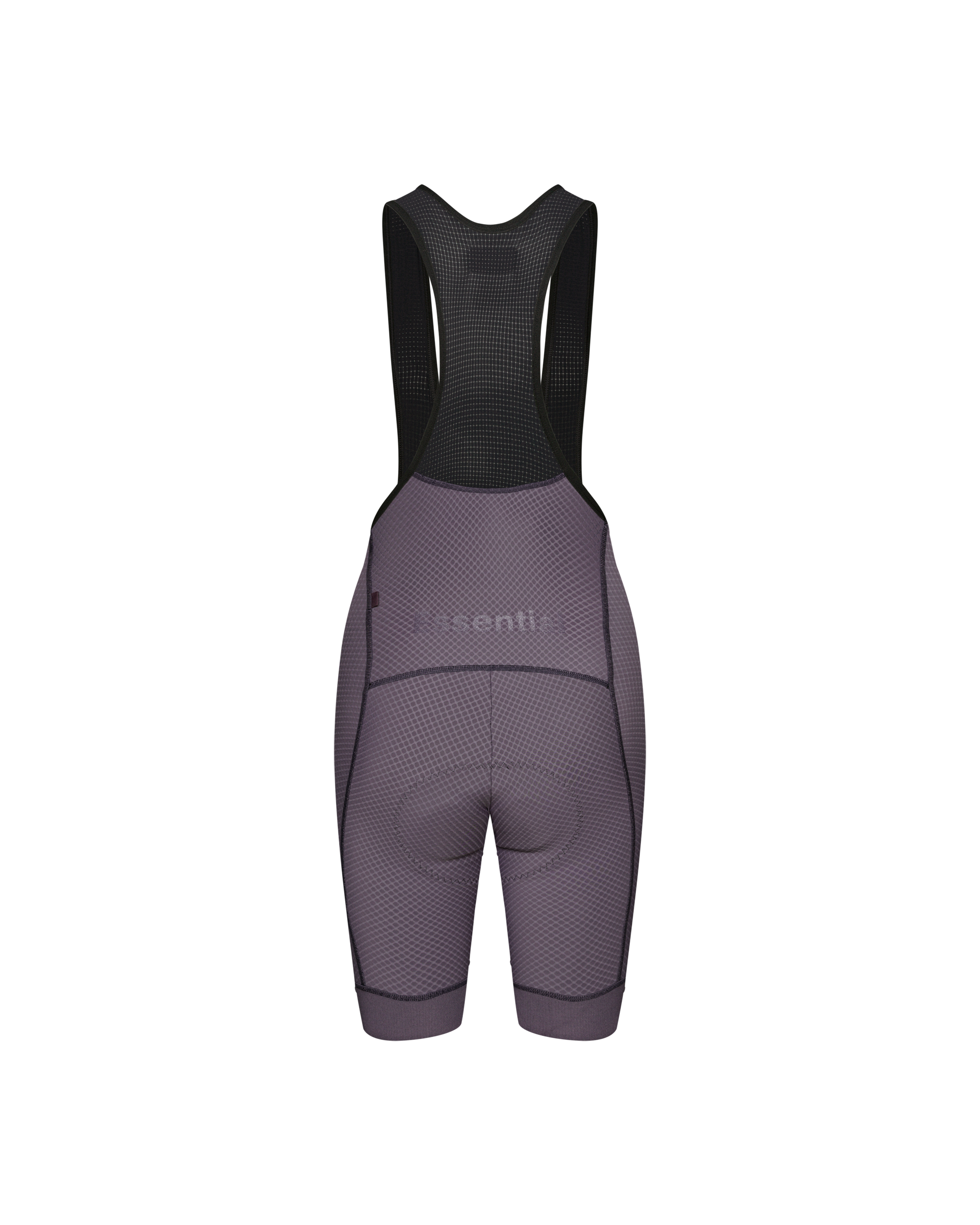 Iron Grey Essential cycling bibs, rear flat lay with black mesh bib straps
