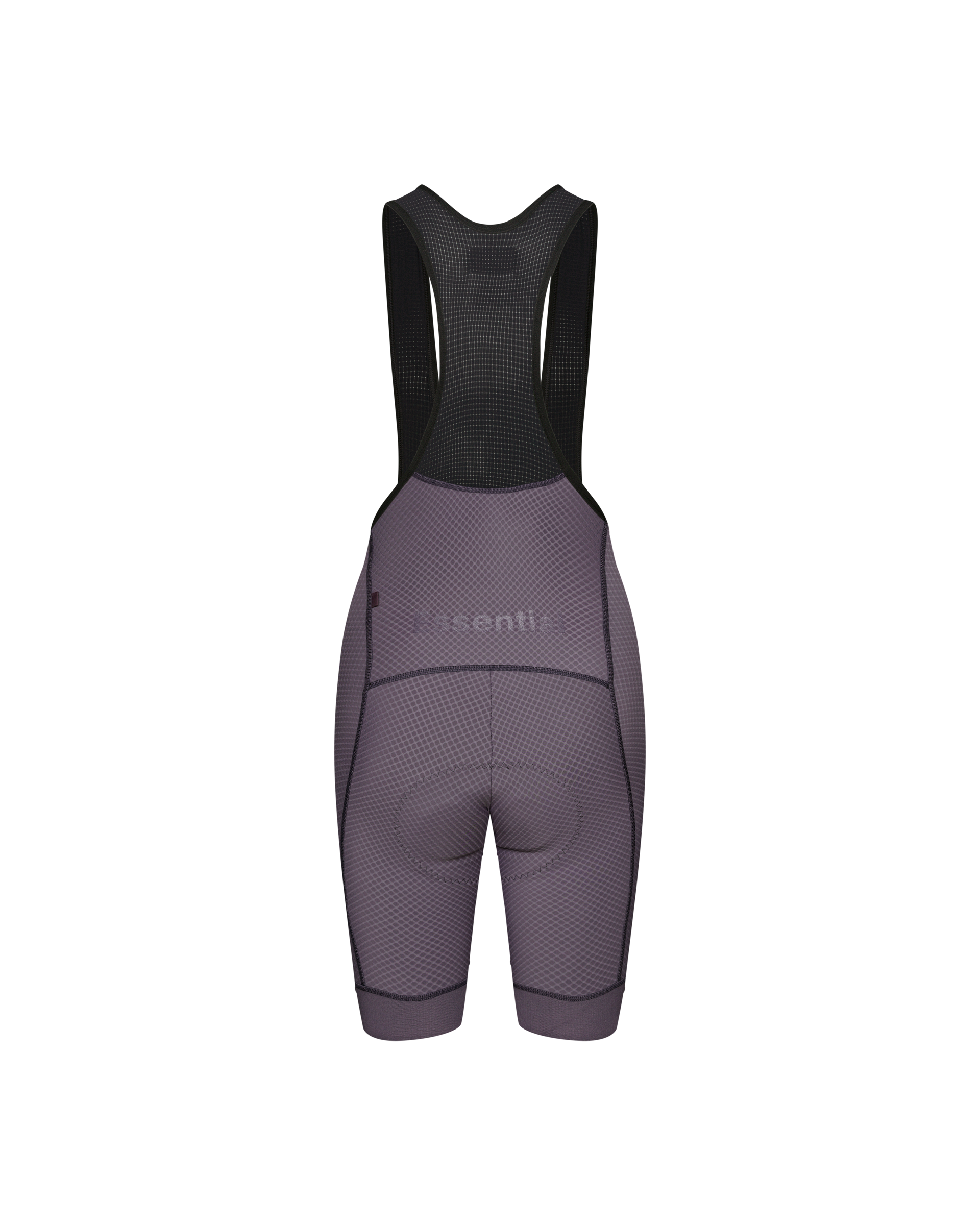 Iron Grey Essential cycling bibs, rear flat lay with black mesh bib straps