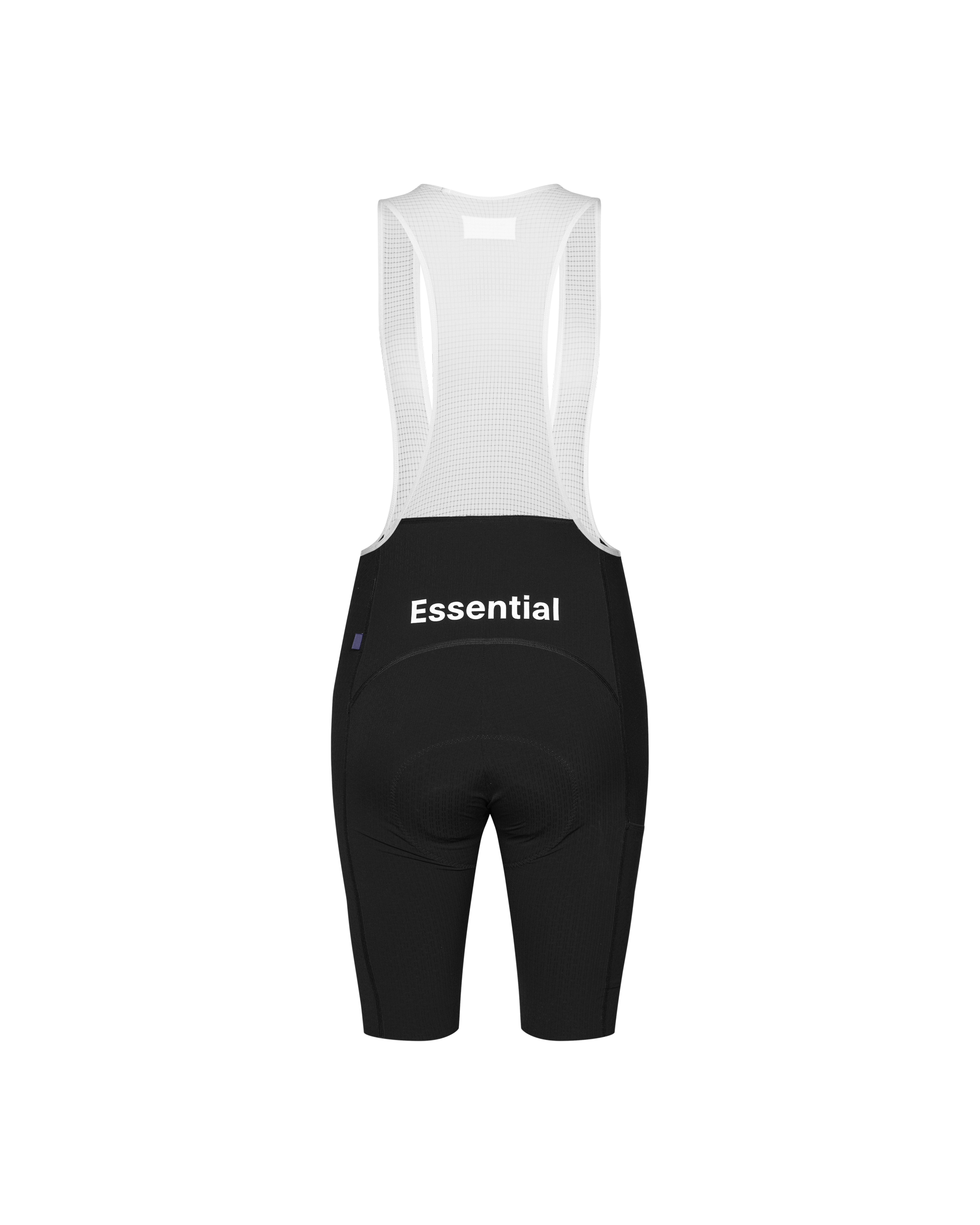 Black Essential cycling bibs, rear flat lay with white mesh shoulder straps