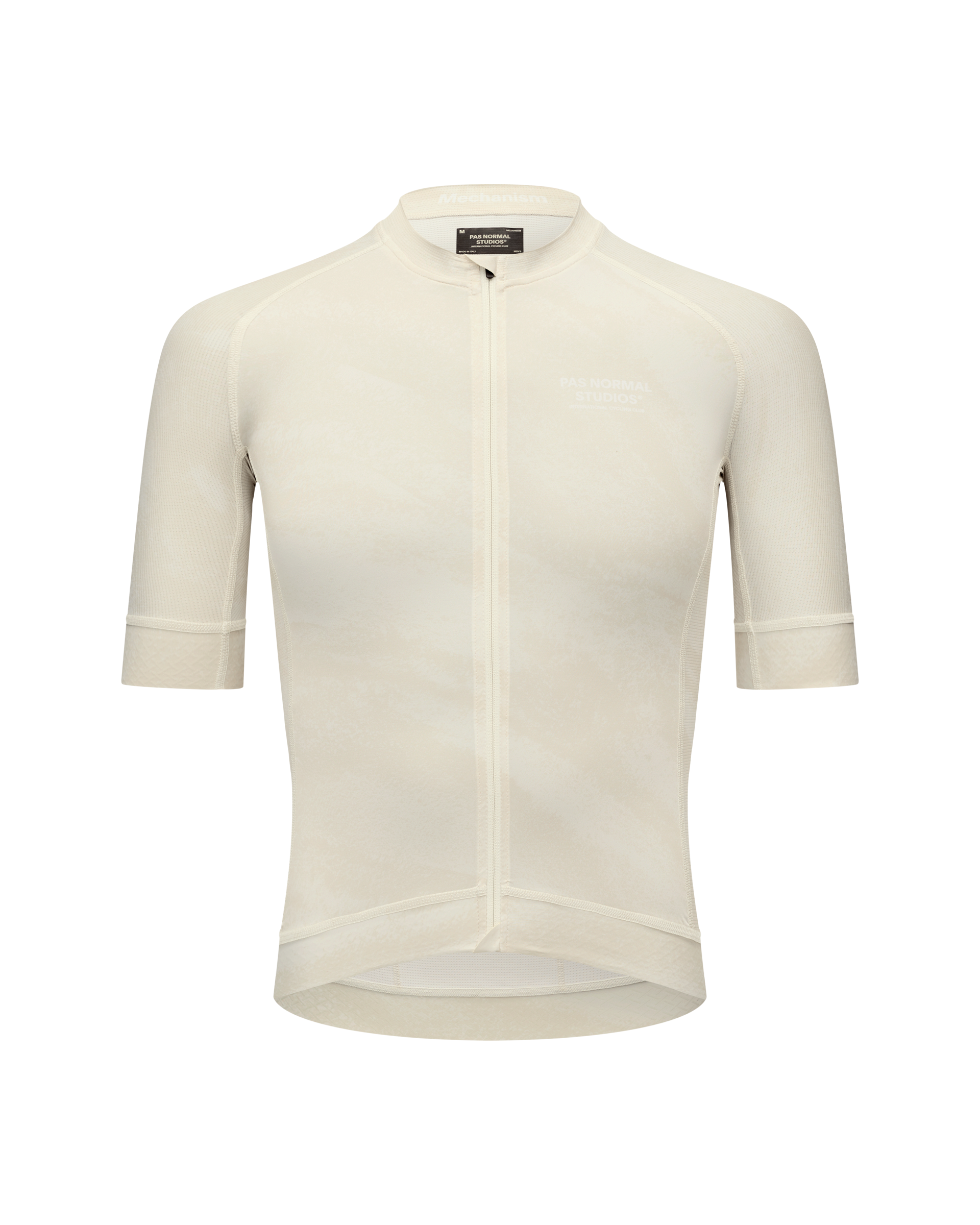 Off White Mechanism cycling jersey, front flat lay with full zip and ribbed sleeves