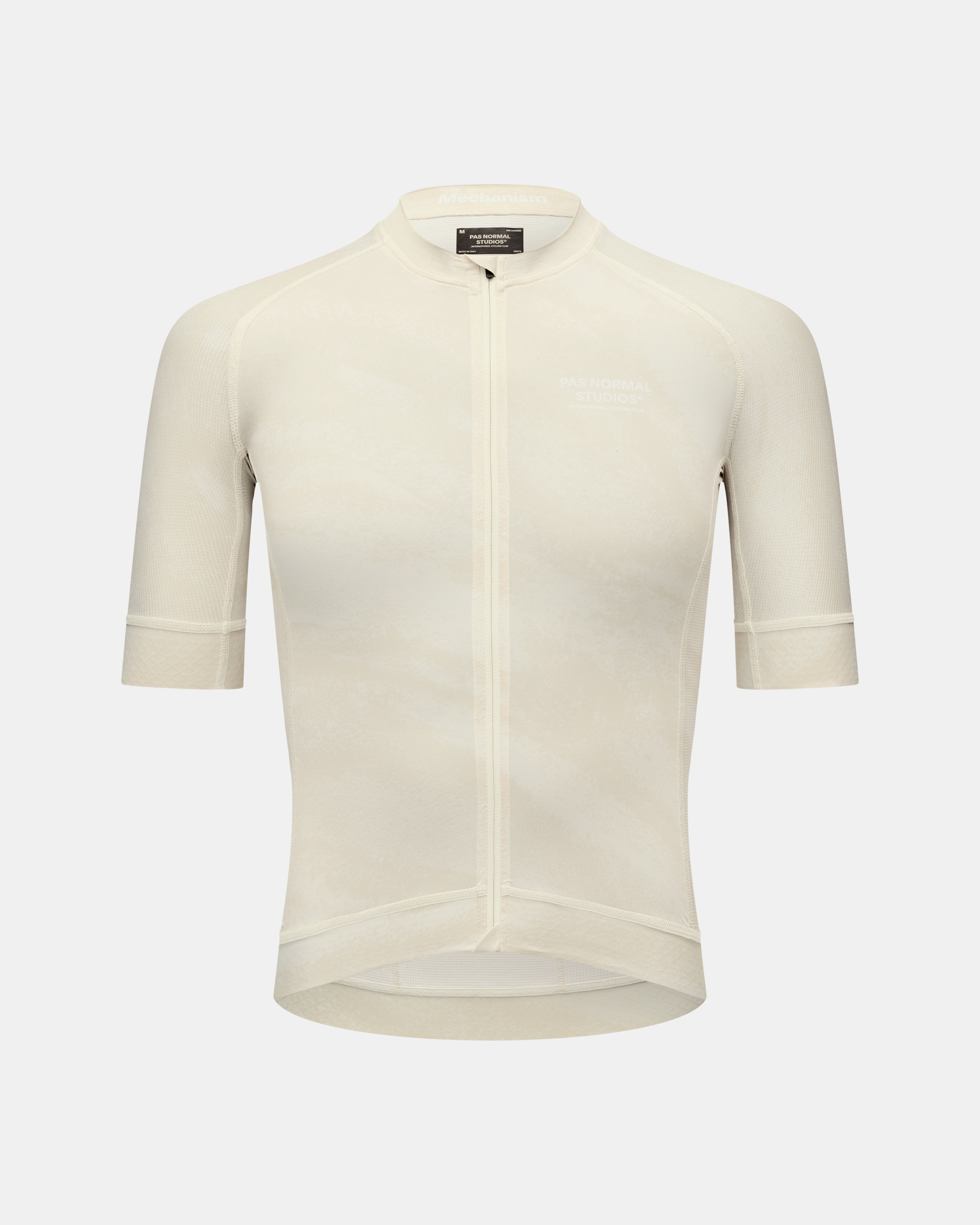 Off White Mechanism cycling jersey, front flat lay with full zip and ribbed sleeves