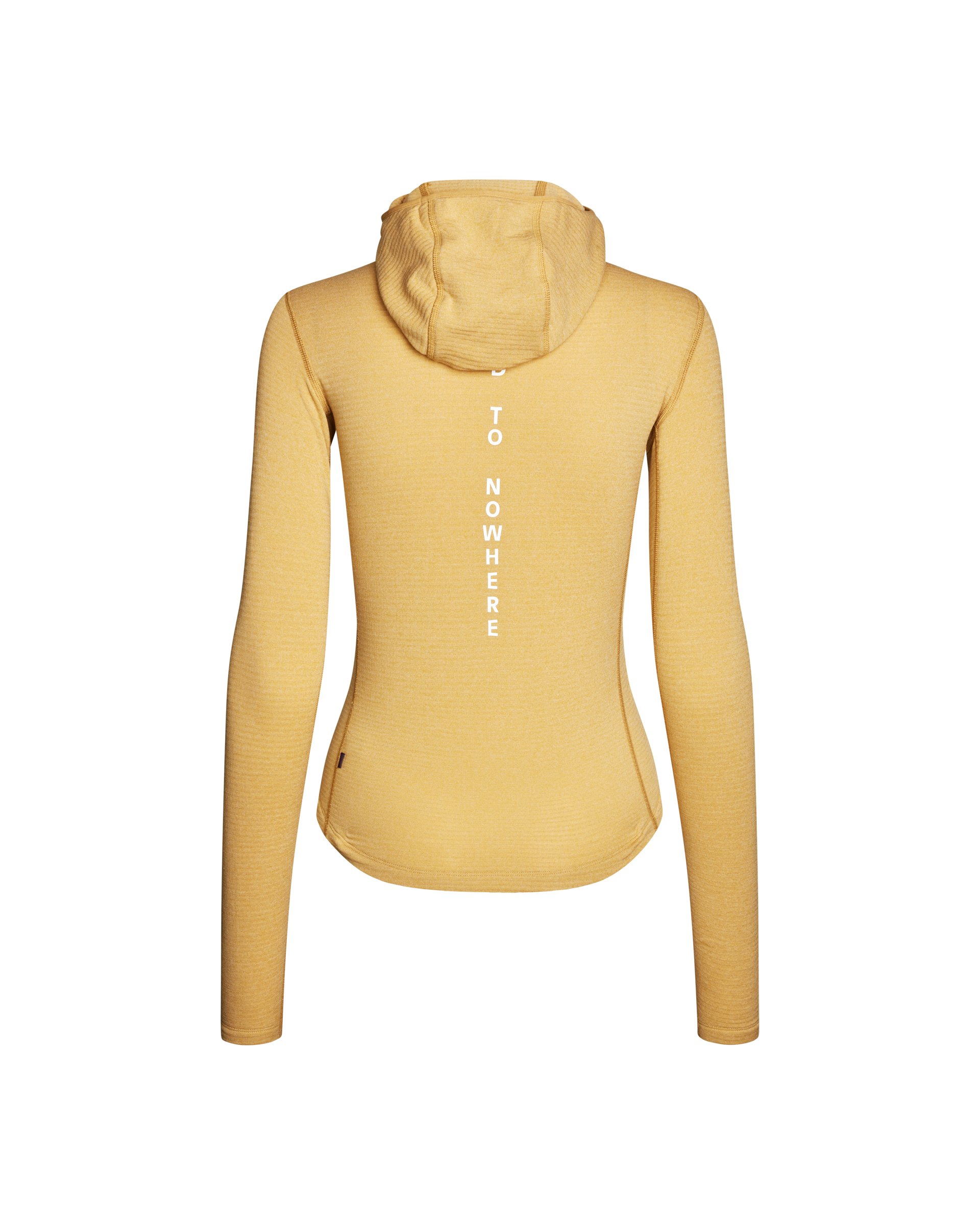 Yellow Thermal Hooded Windproof base layer, rear view with white spine text "TO NOWHERE"