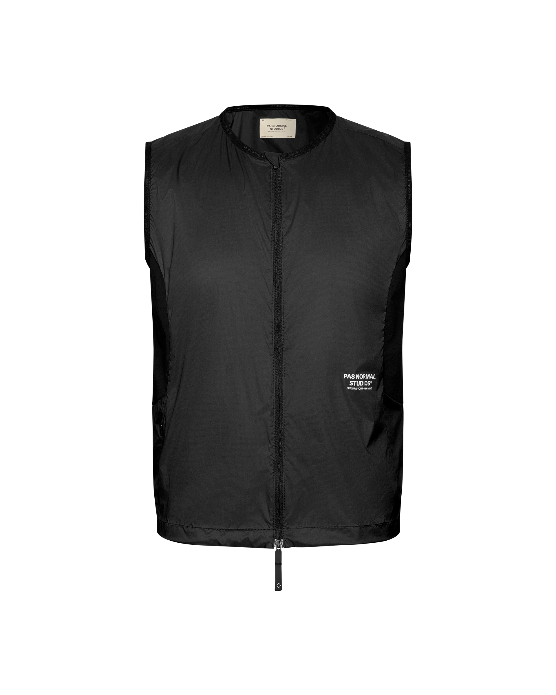 Black Balance Windproof cycling vest, front flat lay with full zip and white chest logo