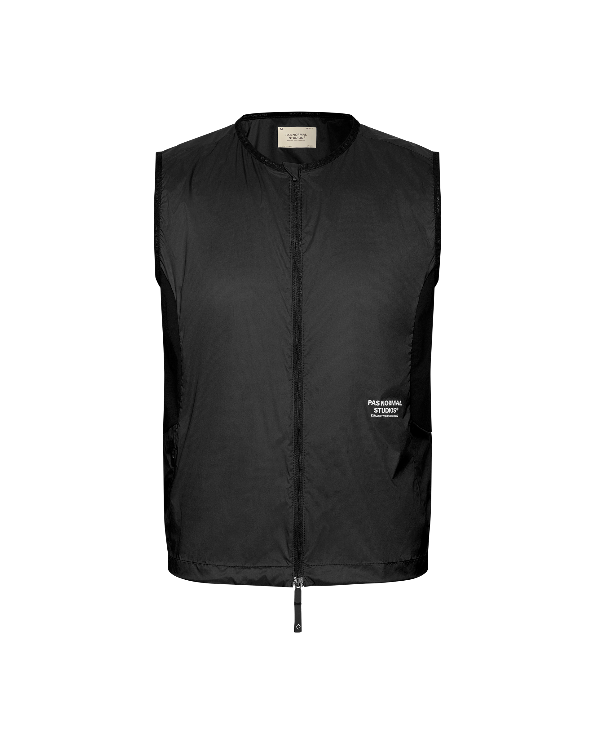 Black Balance Windproof cycling vest, front flat lay with full zip and white chest logo