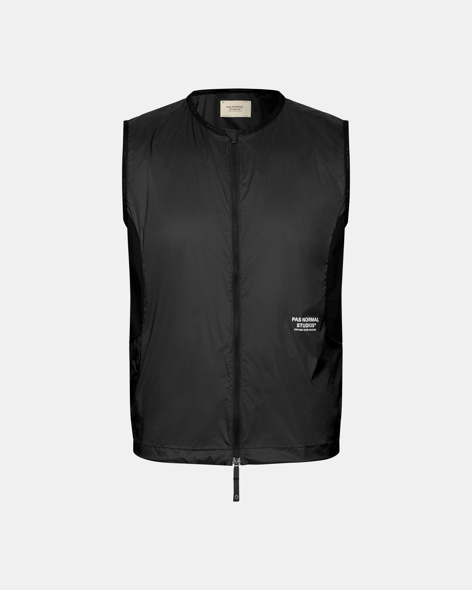 Black Balance Windproof cycling vest, front flat lay with full zip and white chest logo
