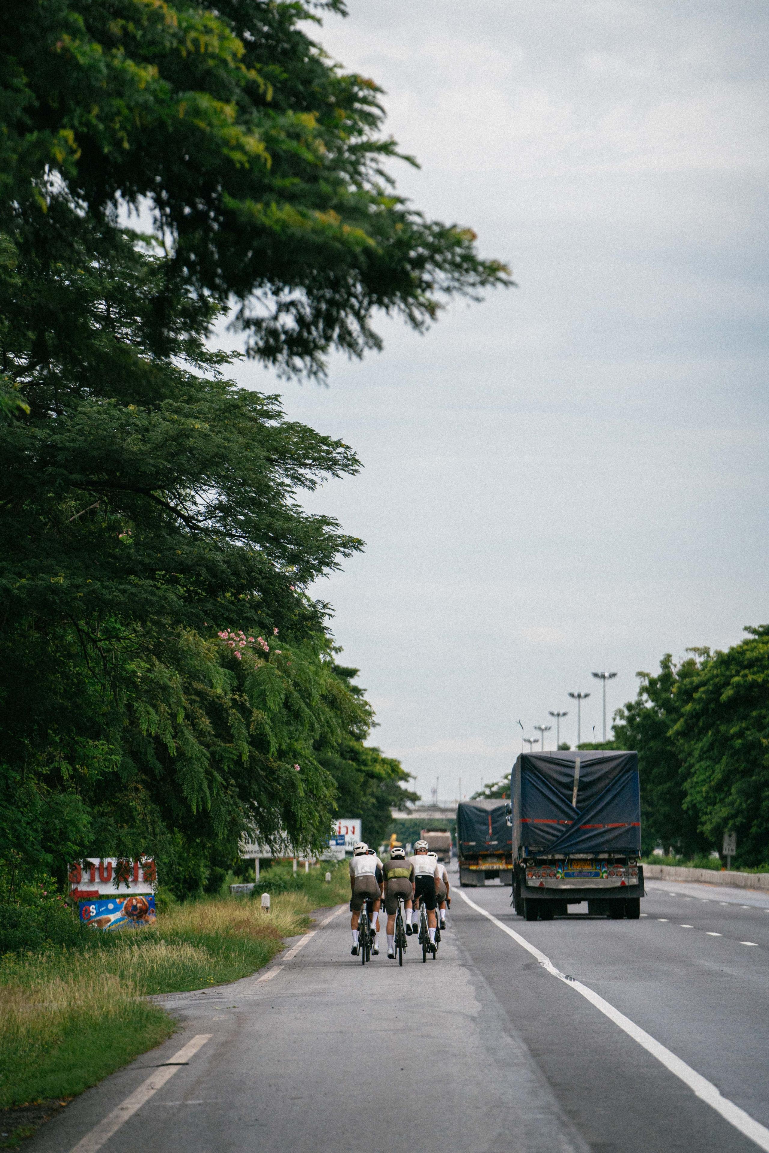 Cyclists riding in formation on tree-lined road with truck ahead