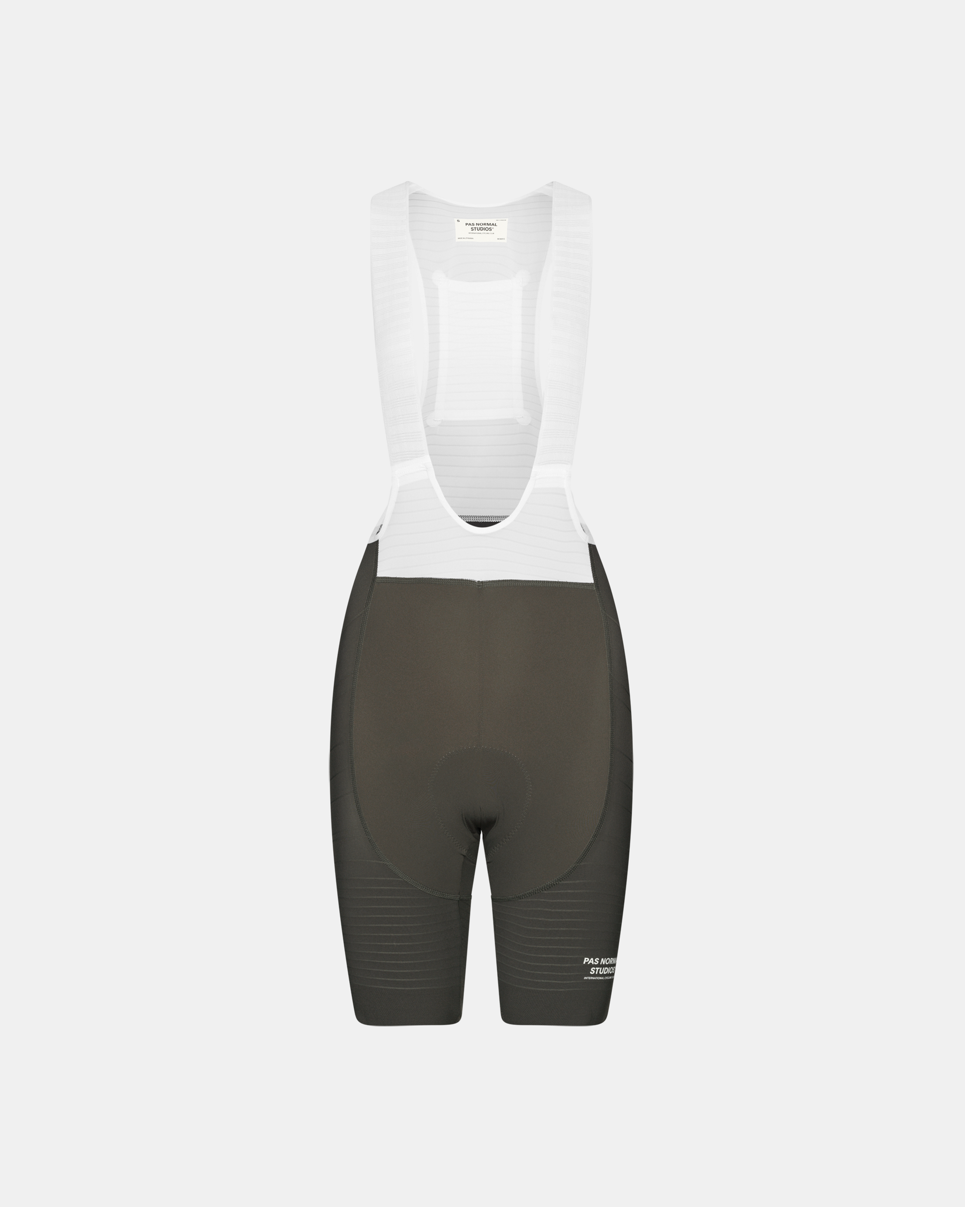 Dark Olive Mechanism Pro cycling bibs, front flat lay with white mesh bib straps