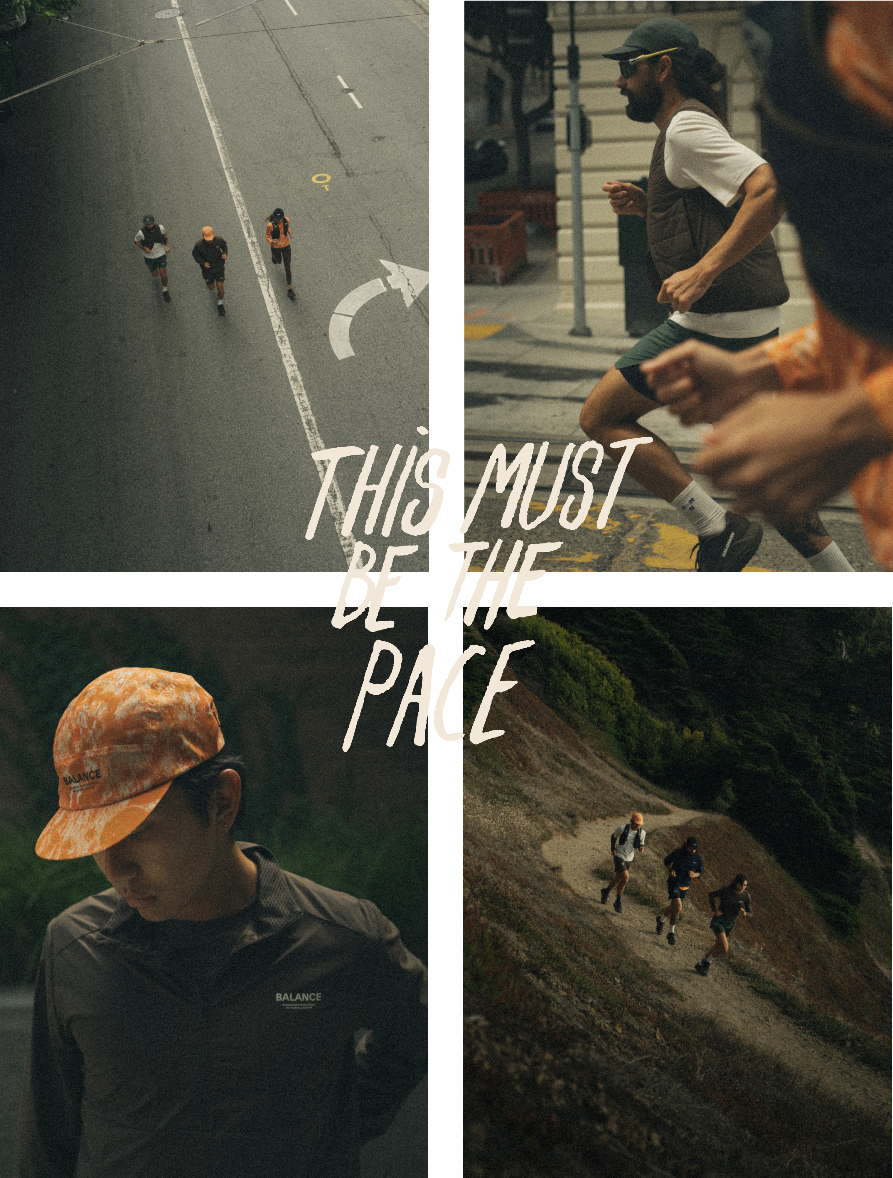 Four-panel collage of runners training on roads and trails in athletic wear