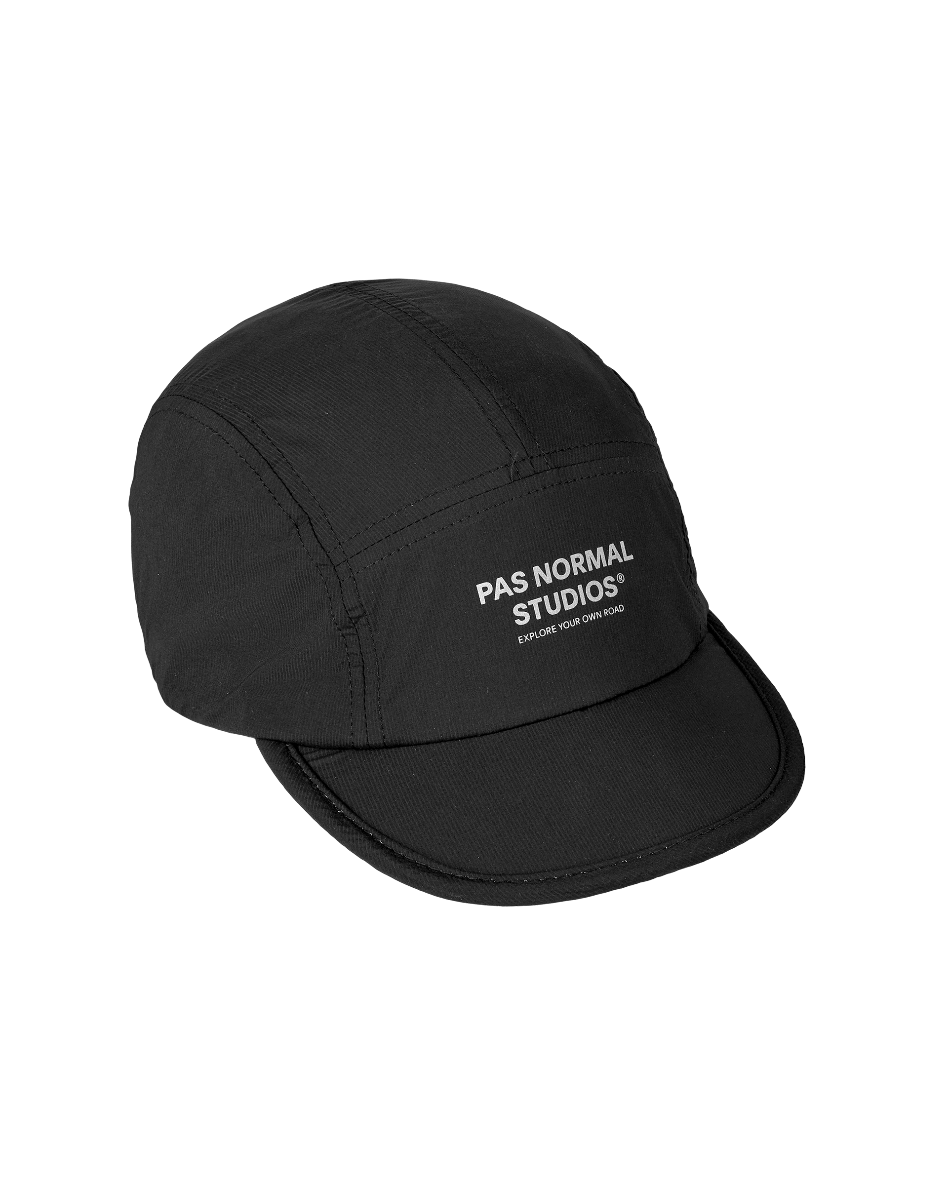 Black Balance cap, three-quarter view with white logo print on front panel