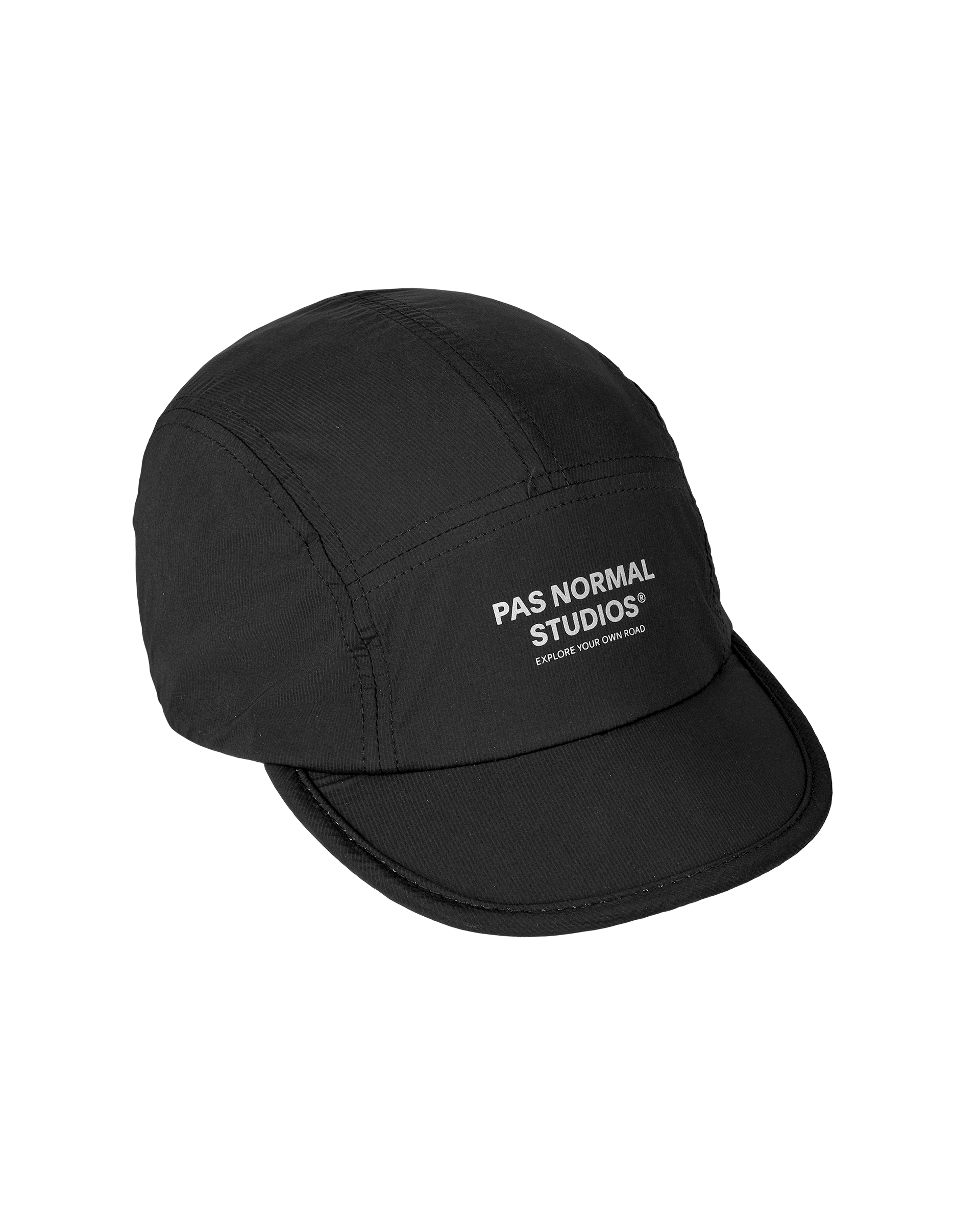 Black Balance cap, three-quarter view with white logo print on front panel