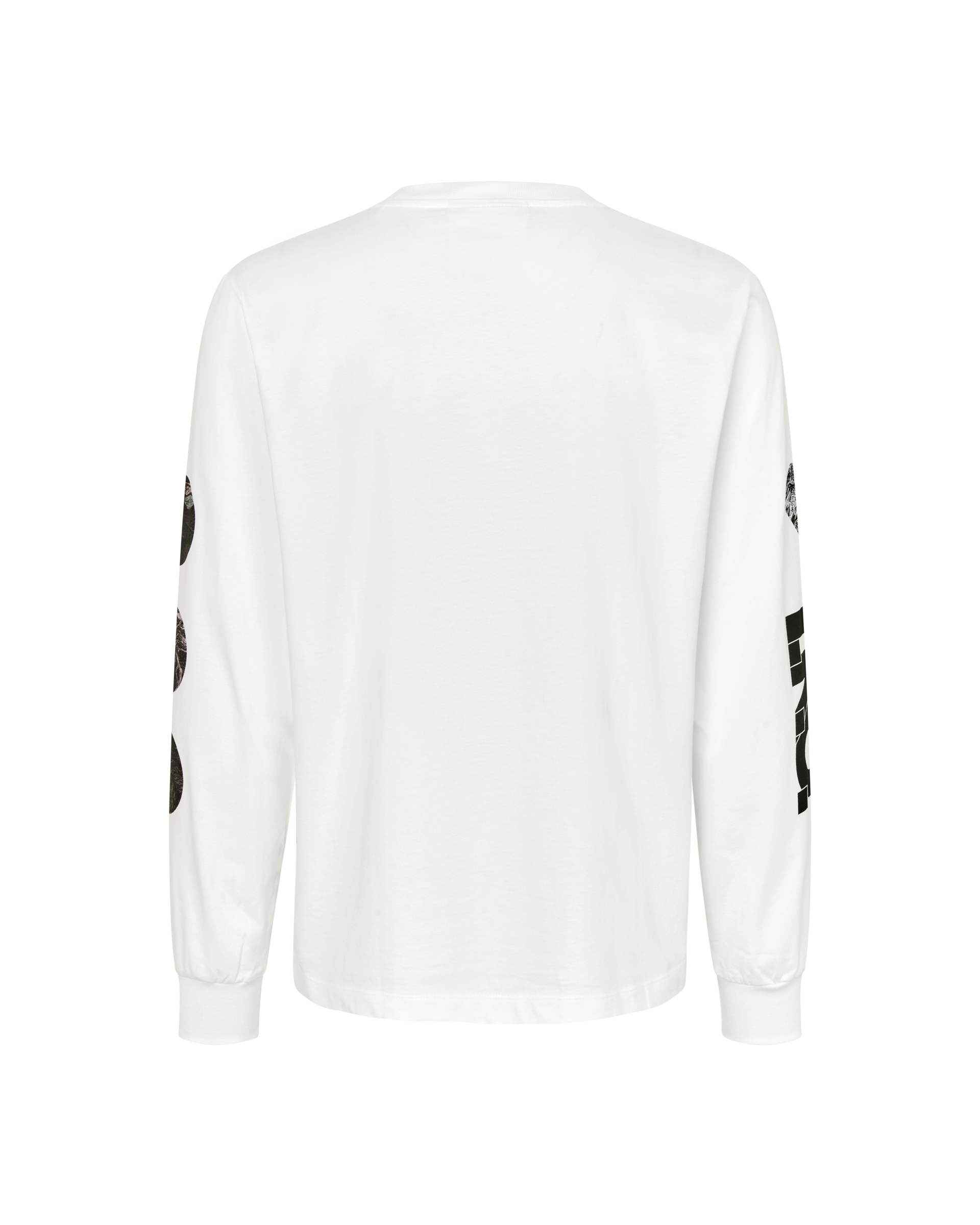 White T.K.O. Off-Race long sleeve T-shirt, rear flat lay with black graphic sleeve prints