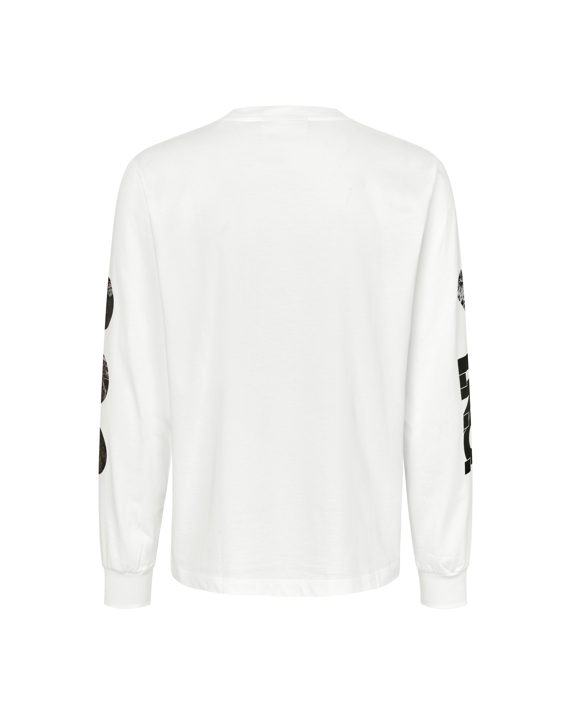 White T.K.O. Off-Race long sleeve T-shirt, rear flat lay with black graphic sleeve prints