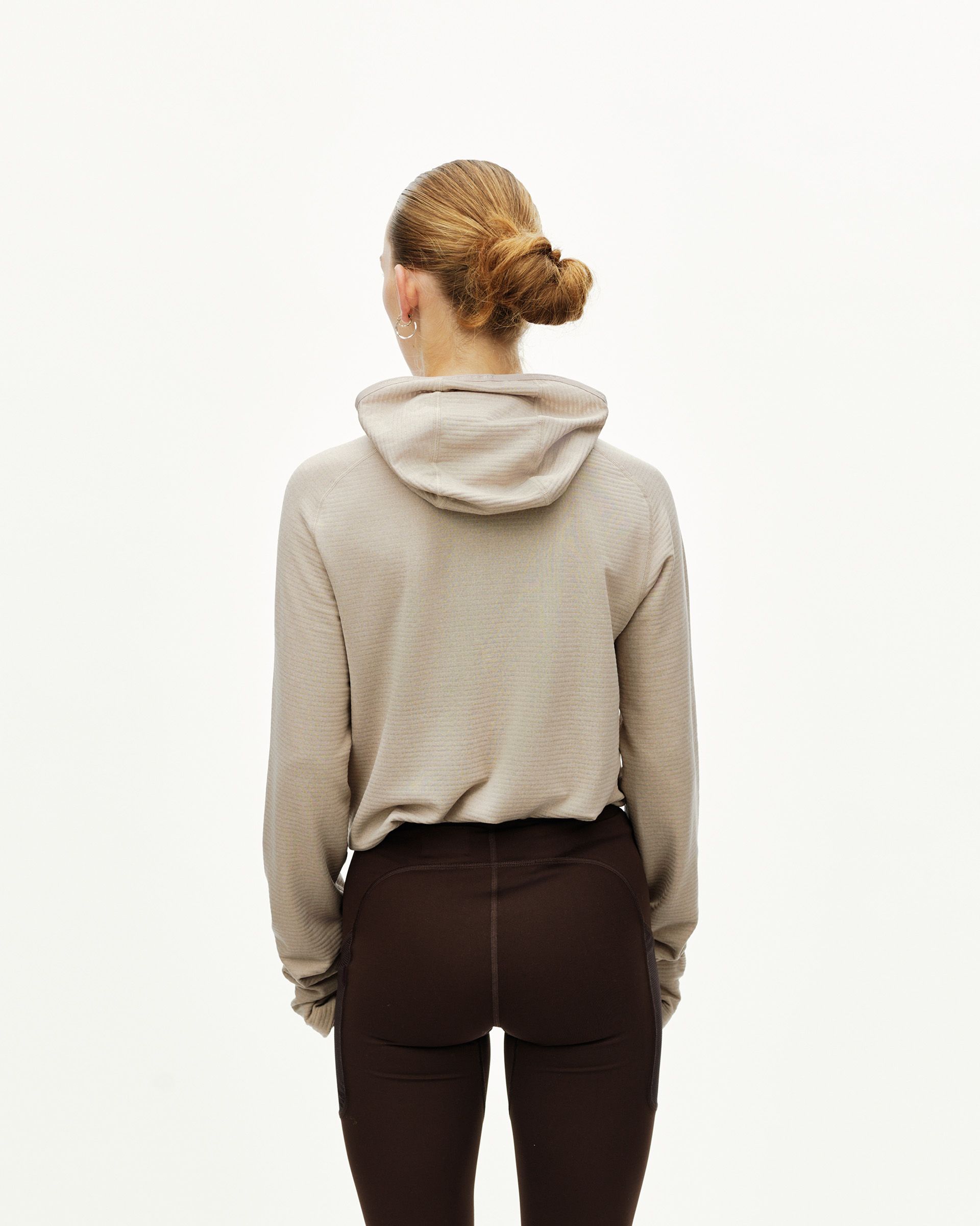 Haze purple Balance Thermal hoodie on model, rear view with ribbed texture and hood